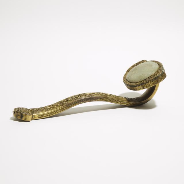 A White Jade-Inset Brass Ruyi Scepter, Late Qing Dynasty