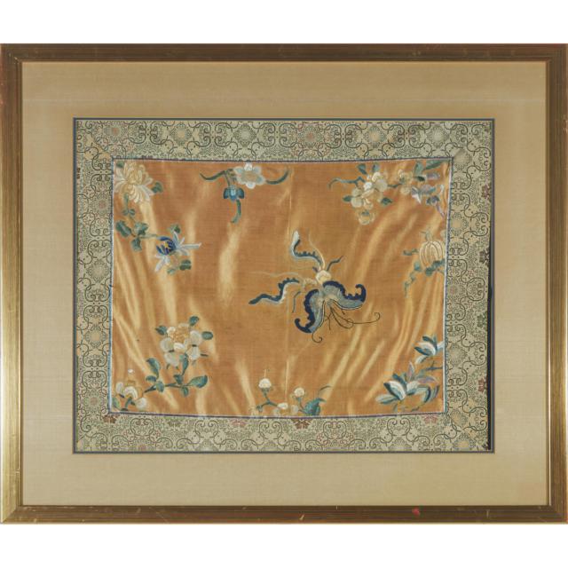 An Embroidered Silk Panel of a Butterfly and Flowers, Late Qing Dynasty