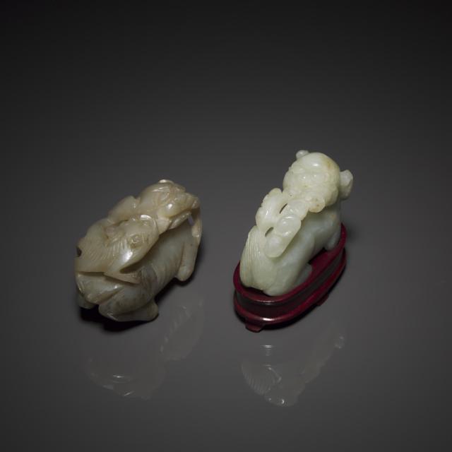 A White Jade Recumbent Beast, together with a Greyish-White Jade Carving of Beasts Holding a Lingzhi Branch, 19th Century 