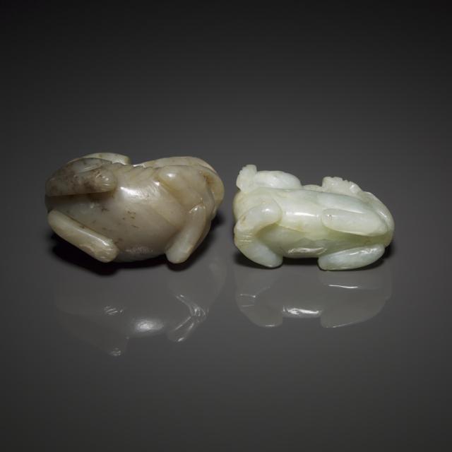 A White Jade Recumbent Beast, together with a Greyish-White Jade Carving of Beasts Holding a Lingzhi Branch, 19th Century 