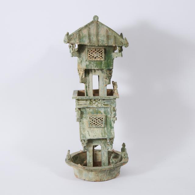 A Large Green-Glazed Two Tier Pottery Watchtower, Han Dynasty (206 BC - AD 220)