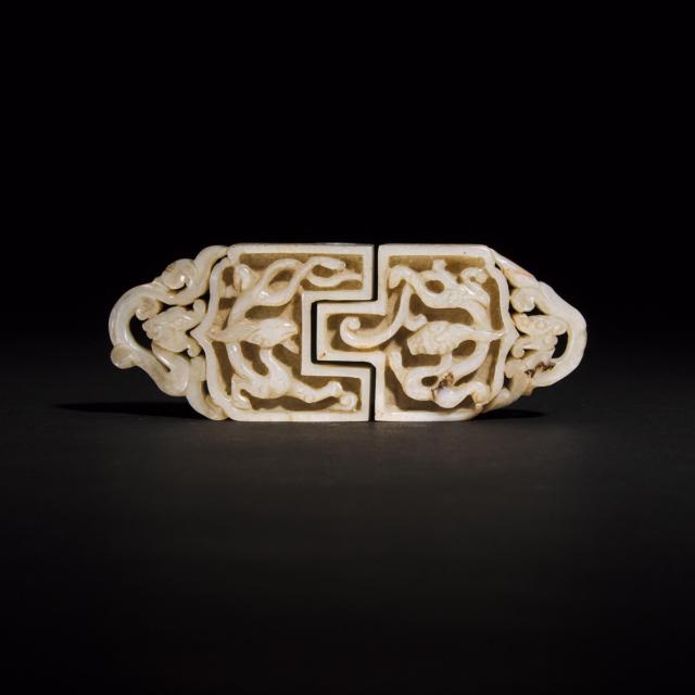 A Pale Grey and Black Jade 'Dragon and Phoenix' Two-Part Belt Buckle, Ming Dynasty