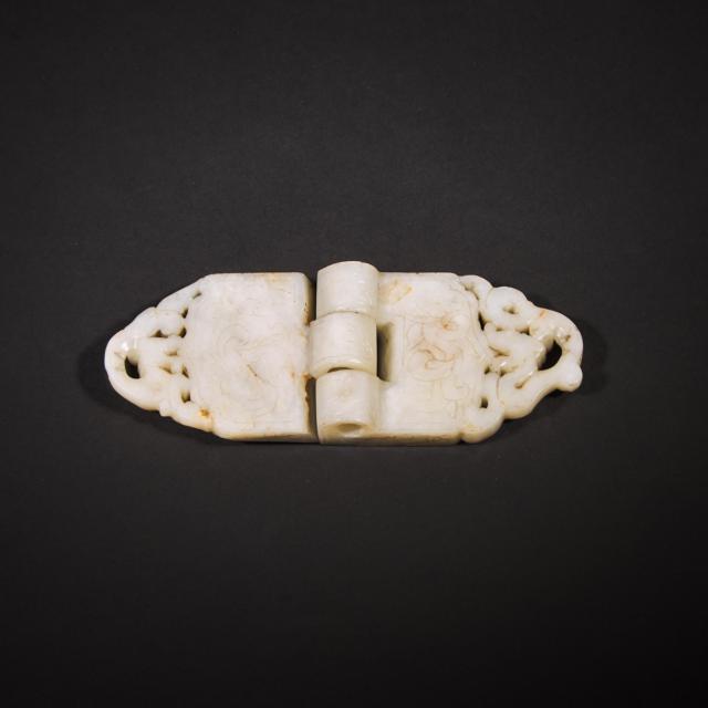 A Pale Grey and Black Jade 'Dragon and Phoenix' Two-Part Belt Buckle, Ming Dynasty