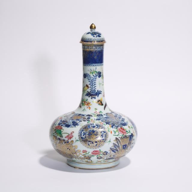An Enamel and Gilt-Decorated Blue and White Bottle Vase and Lid, 19th Century