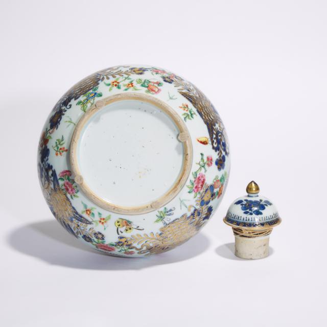 An Enamel and Gilt-Decorated Blue and White Bottle Vase and Lid, 19th Century