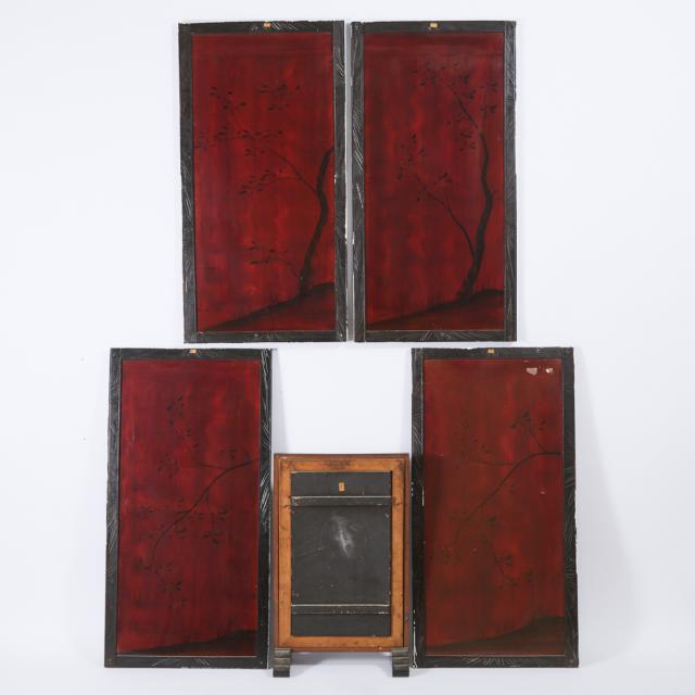 A Set of Four Shibayama-Style Lacquer and Bone Panels, Together With a Table Screen, Meiji Period