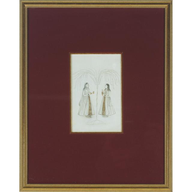 A Miniature Drawing of Two Court Ladies, India, 19th Century