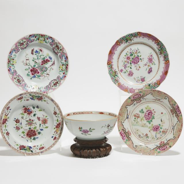 A Group of Four Famille Rose Plates, together with a Punch Bowl, Qianlong Period, 18th Century