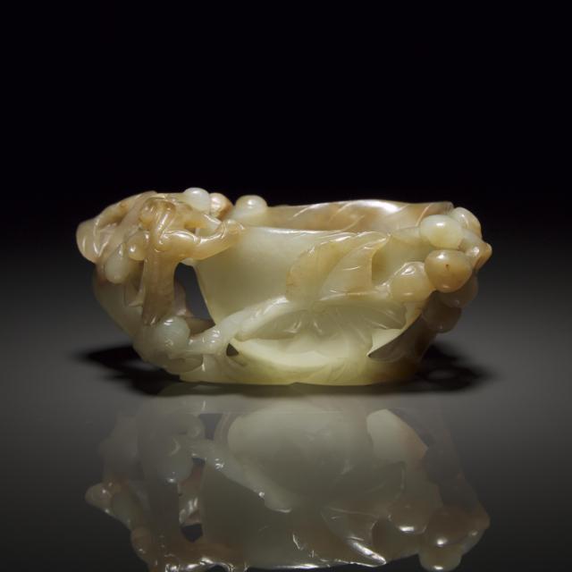 A Pale Celadon and Russet Jade 'Chilong' Pouring Vessel, Ming Dynasty