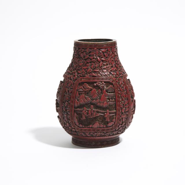 A Chinese Cinnabar Red Lacquer Hu-Form Vase, Qianlong Mark, Late 19th/Early 20th Century