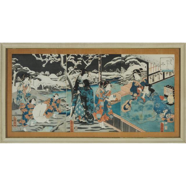 Utagawa Kunisada (Toyokuni III, 1786-1865), Utagawa Hiroshige (1797-1858), Toyohara Kunichika (1835-1900), A Group of Five Ukiyo-e Triptych Prints, Edo/Meiji Period