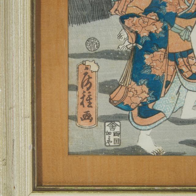 Utagawa Kunisada (Toyokuni III, 1786-1865), Utagawa Hiroshige (1797-1858), Toyohara Kunichika (1835-1900), A Group of Five Ukiyo-e Triptych Prints, Edo/Meiji Period
