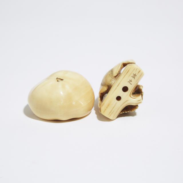An Ivory Netsuke of Two Bats, Signed Tomoyuki, Together With a Netsuke of a Persimmon, Signed Koho, Late 19th Century