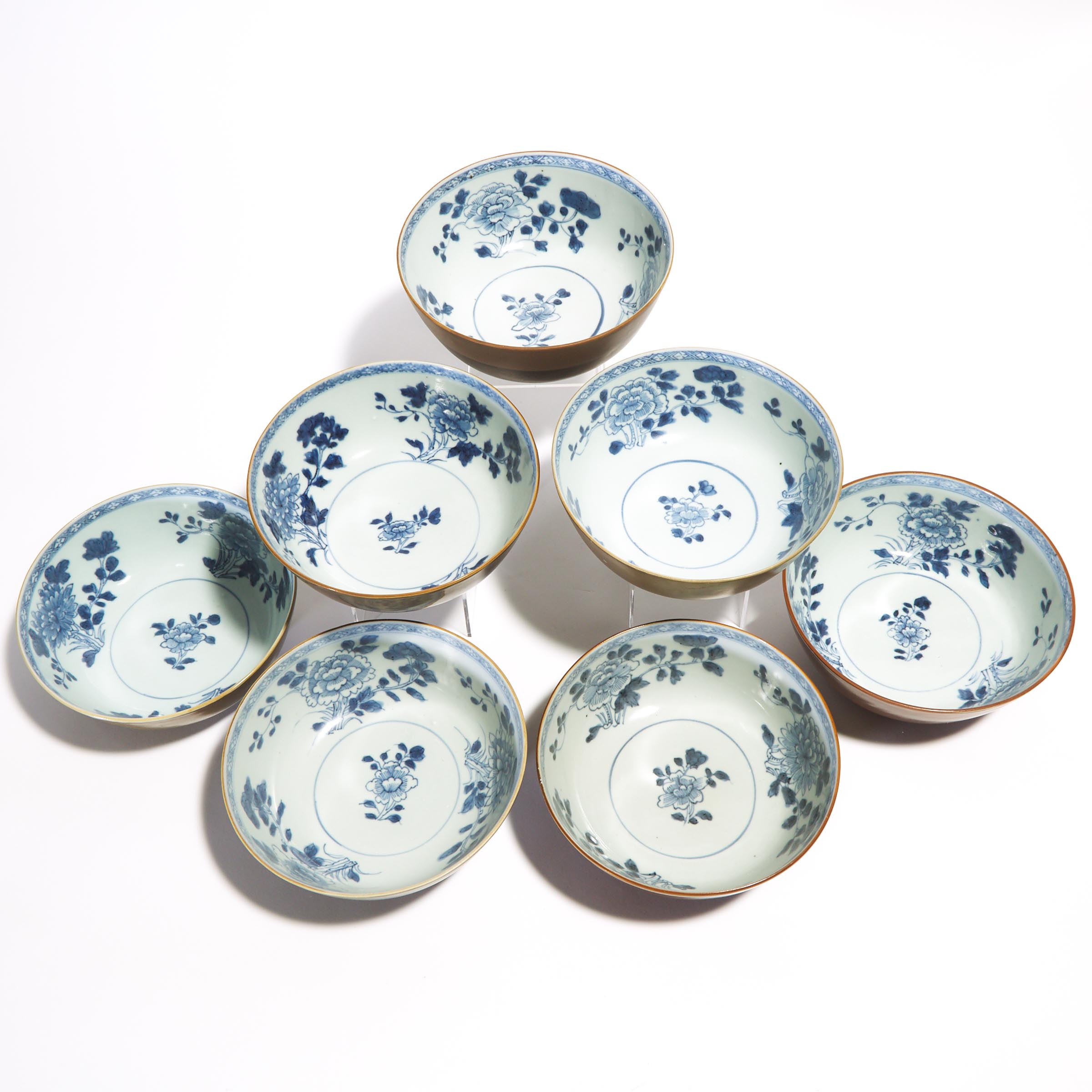A Set of Seven 'Batavian' Floral Large Bowls from the Nanking Cargo, Qianlong Period, Circa 1750