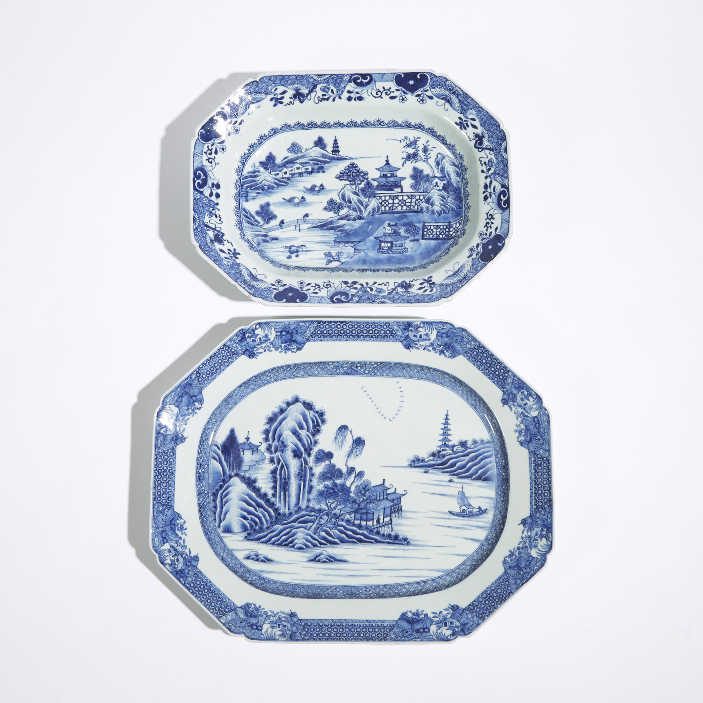 Two Large Export Blue and White 'Landscape' Platters, 18th Century