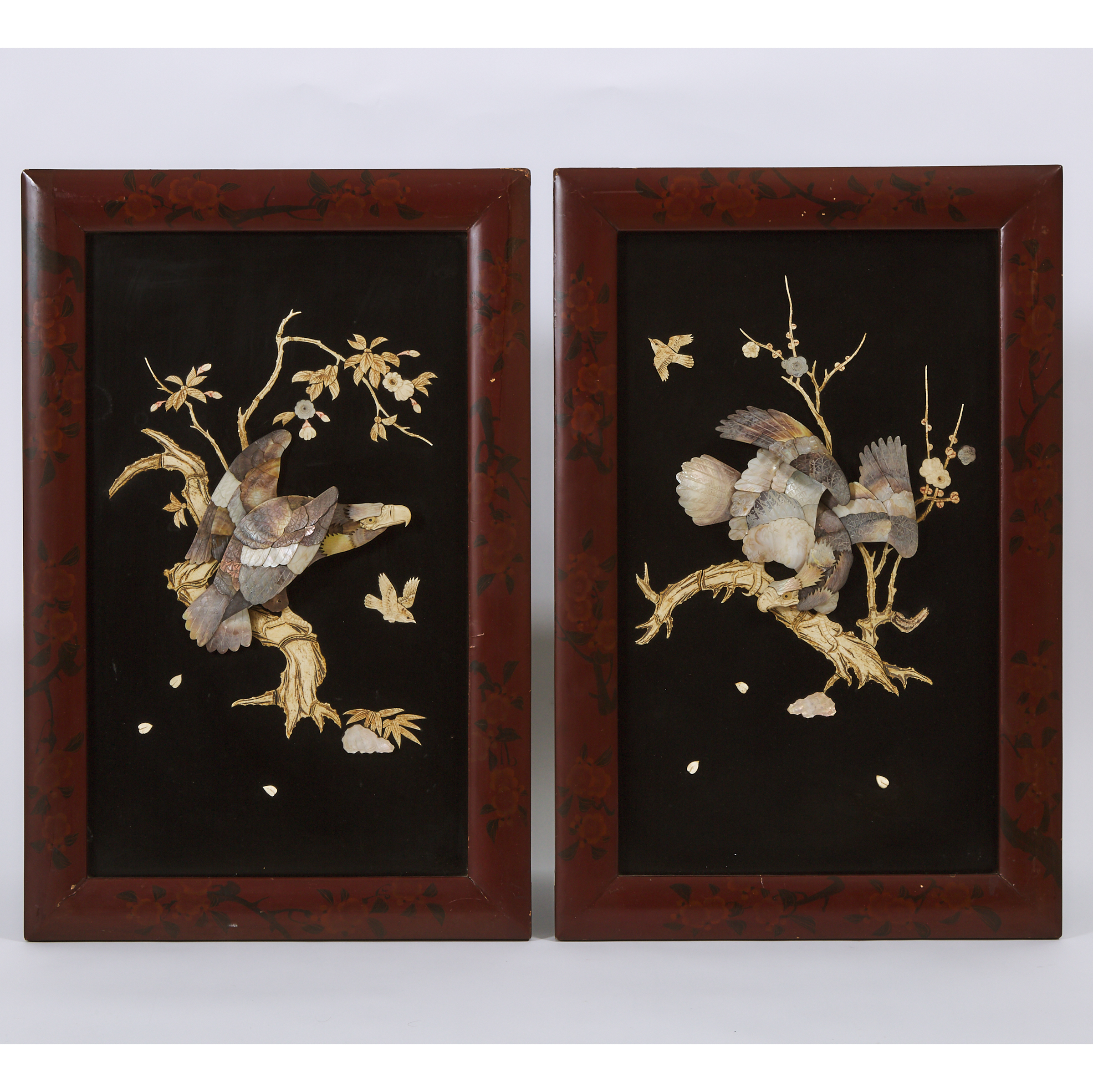A Pair of Shibayama-Style Mother-of-Pearl, Ivory and Bone Inlaid 'Hawk' Panels, Meiji Period