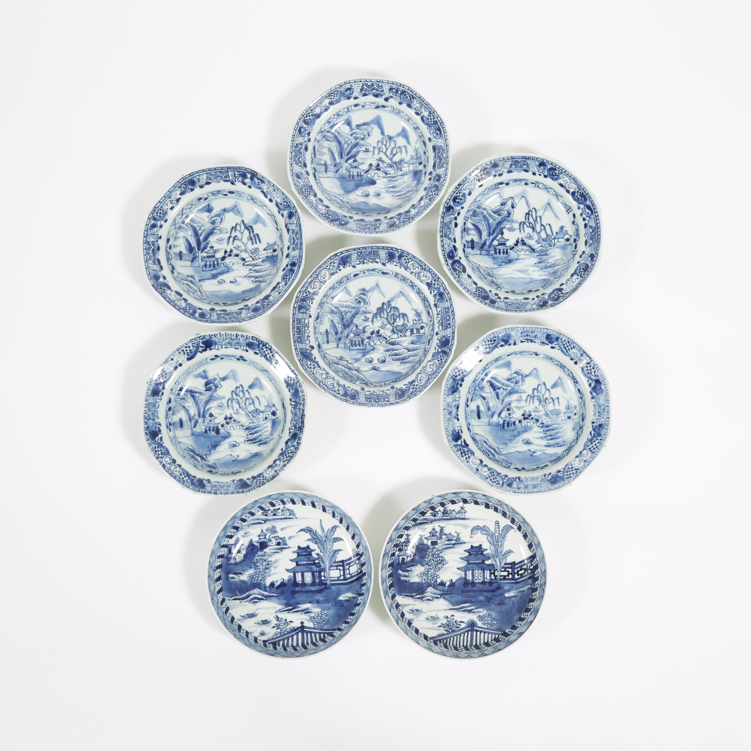 A Set of Six Octagonal Blue and White 'Scholar and Bridge' Dishes, Together With a Pair of 'Pavilion' Dishes, 18th Century