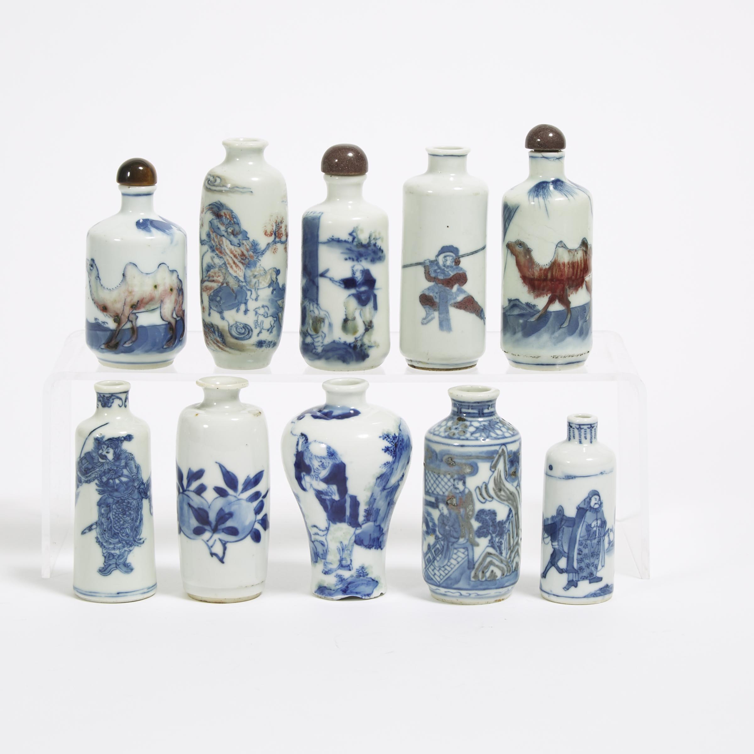 A Group of Ten Blue and White Snuff Bottles, 18th Century and Later