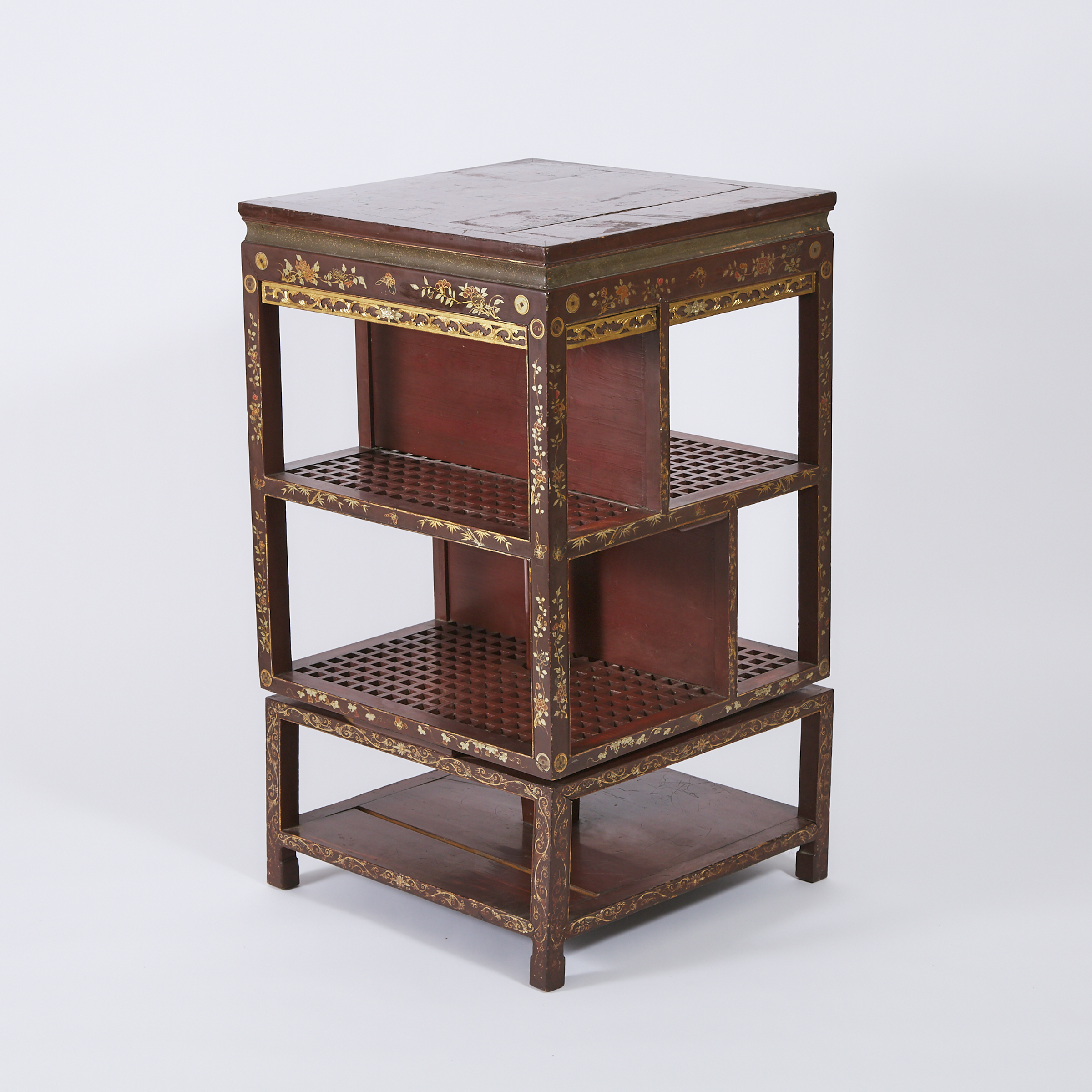 A Chinoiserie Red and Gilt Painted Revolving Bookcase, Circa 1900