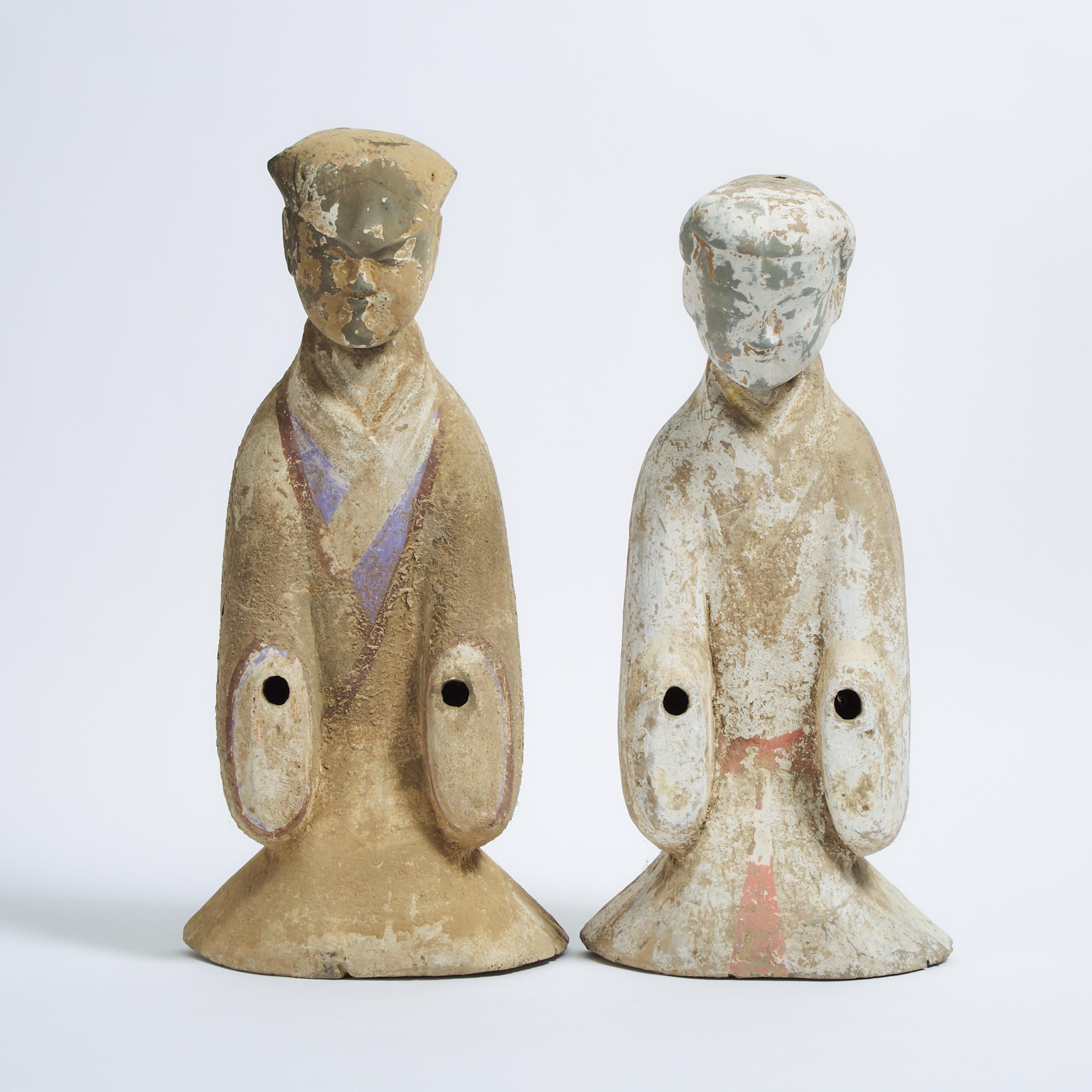 A Pair of Large Painted Pottery Figures of Attendants, Han Dynasty (206 BC - AD 220)