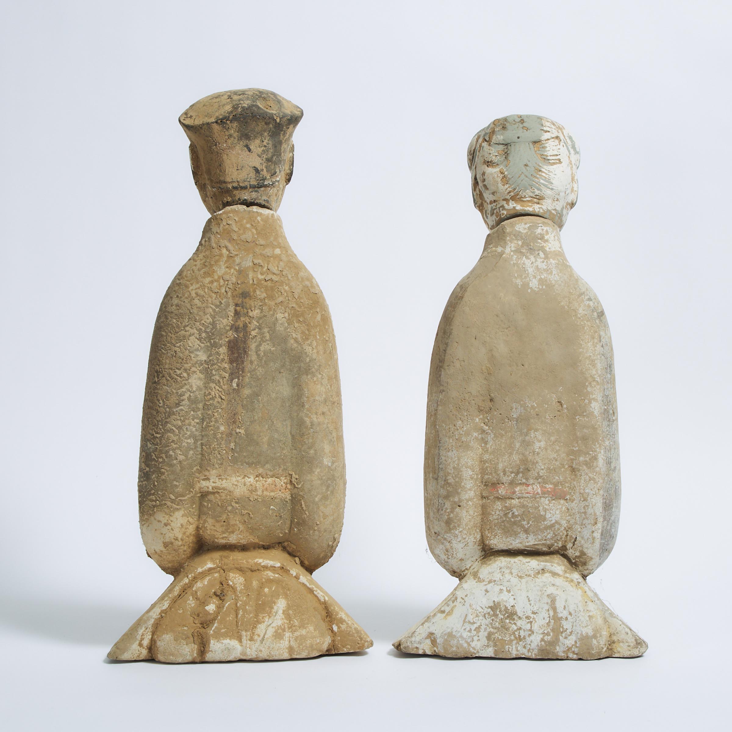 A Pair of Large Painted Pottery Figures of Attendants, Han Dynasty (206 BC - AD 220)