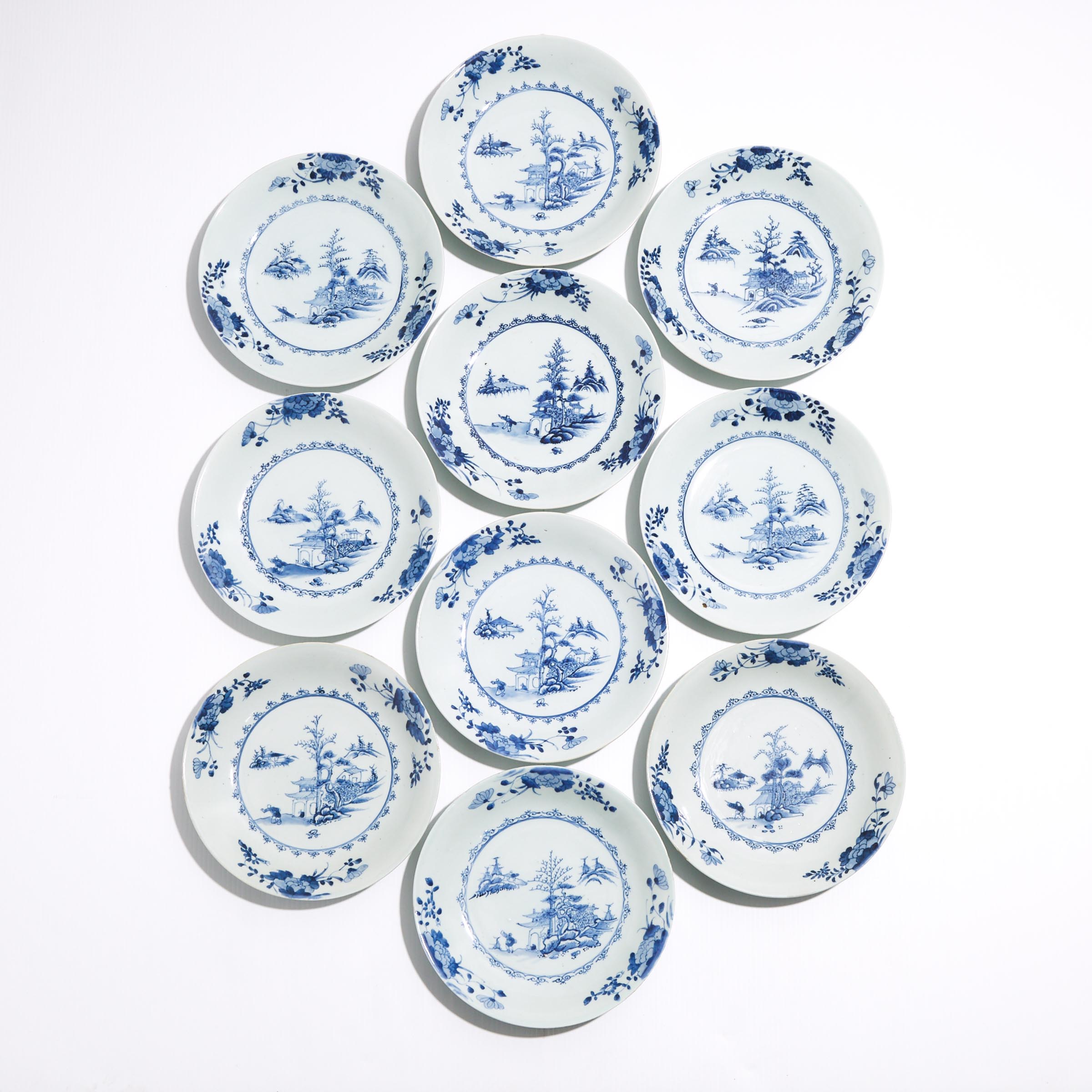 A Set of Ten 'Leaping Boy' Pattern Saucer Dishes from the Nanking Cargo, Qianlong Period, Circa 1750