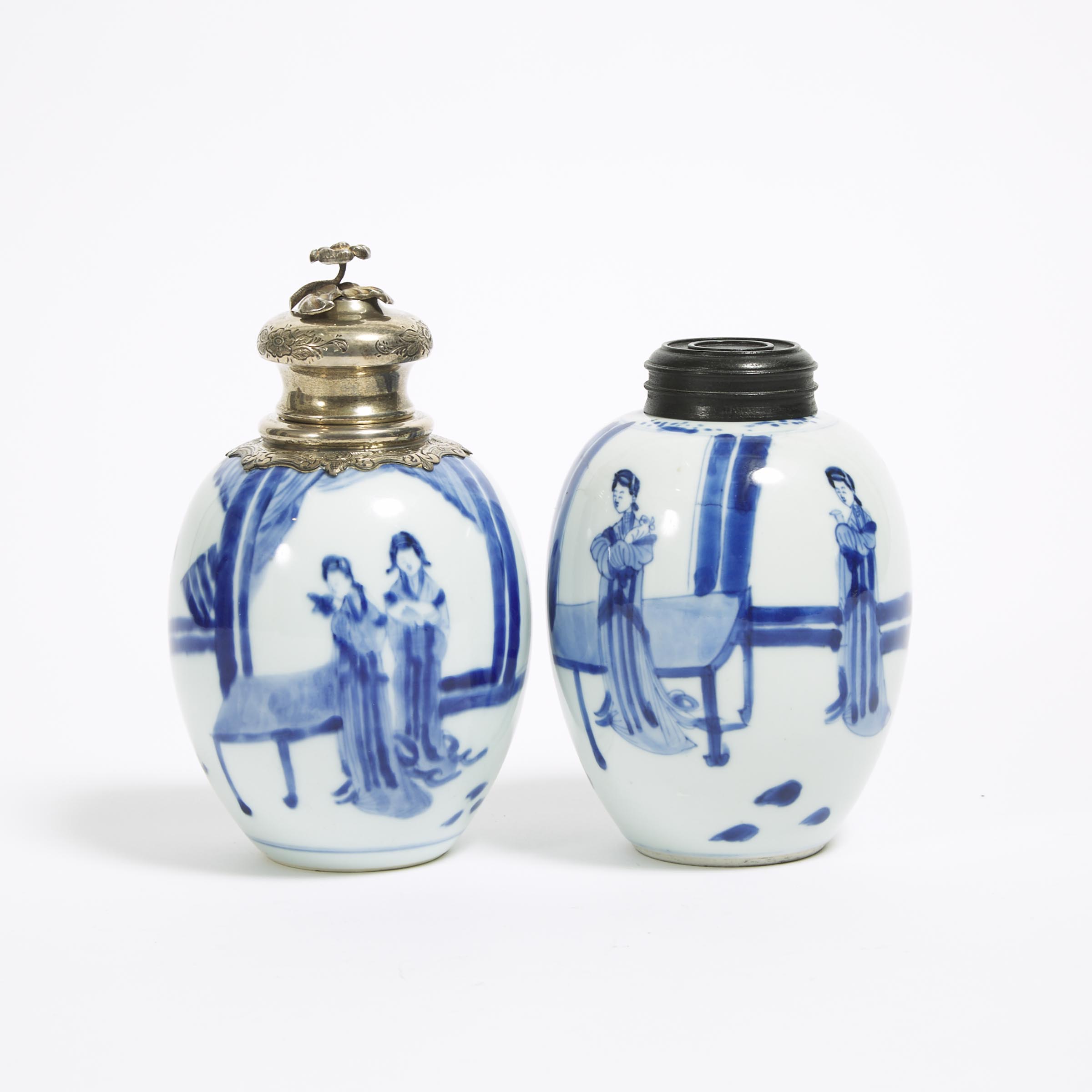 A Dutch Silver Mounted Blue and White Tea Caddy, Kangxi Period (1662-1722), Together With a Blue and White Tea Caddy