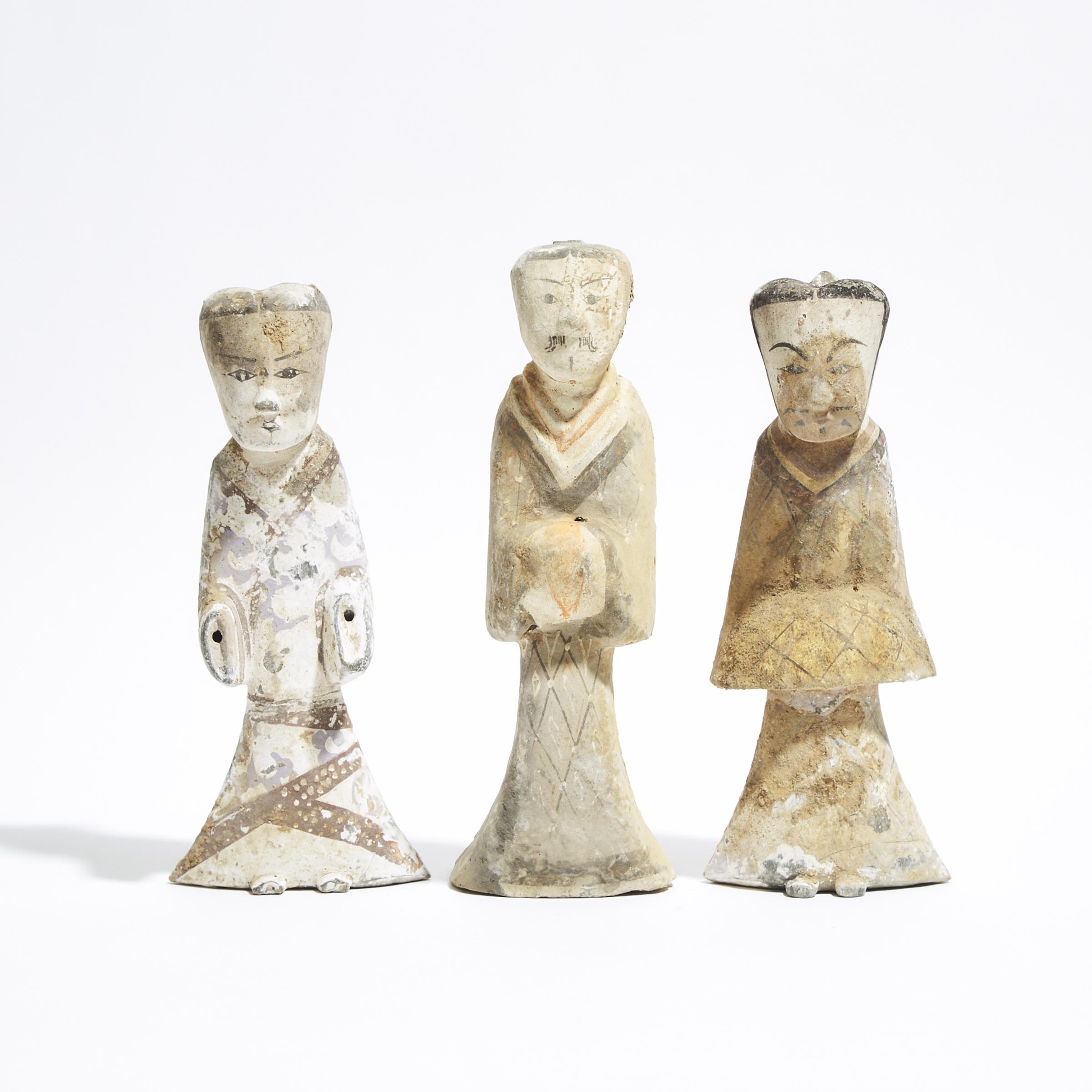 A Group of Three Painted Pottery Figures of Attendants, Han Dynasty (206 BC - AD 220)