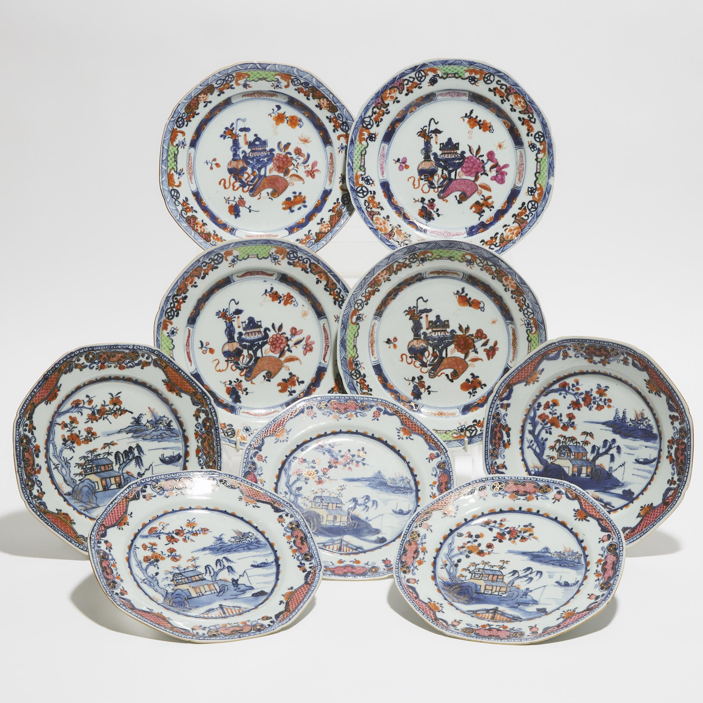 A Set of Five Chinese Imari 'Landscape' Dishes, together with a Set of Four 'Antiques' Dishes, 18th Century