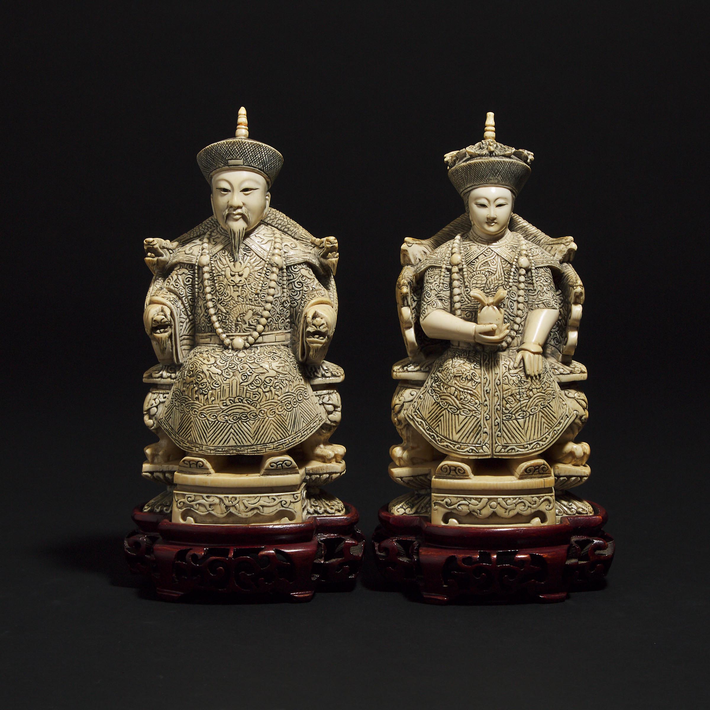 A Chinese Ivory Carved Emperor and Empress Pair, Early to Mid 20th Century