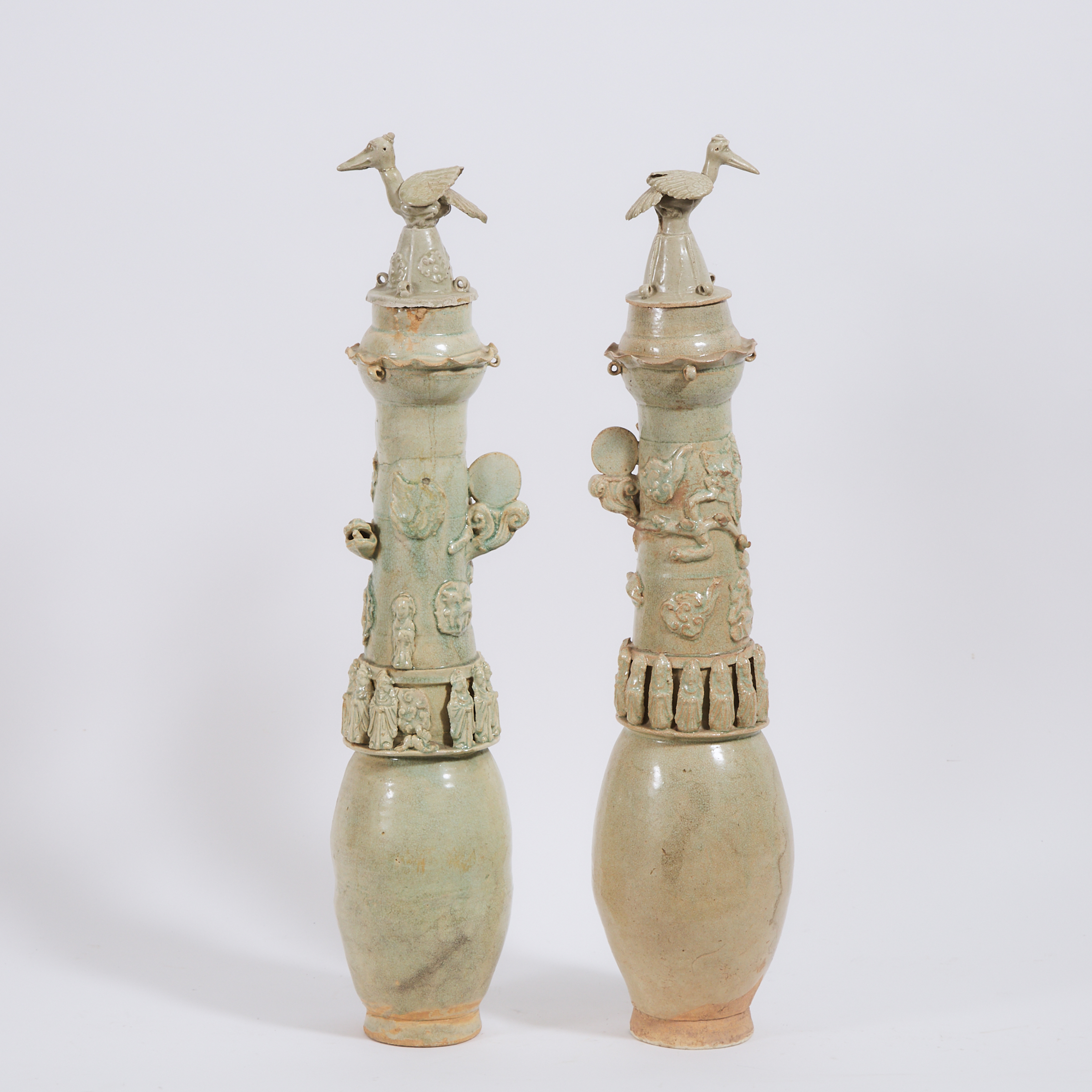 A Pair of Tall Straw-Glazed Pottery Funerary Urns and Covers, Song Dynasty (AD 960-1279)
