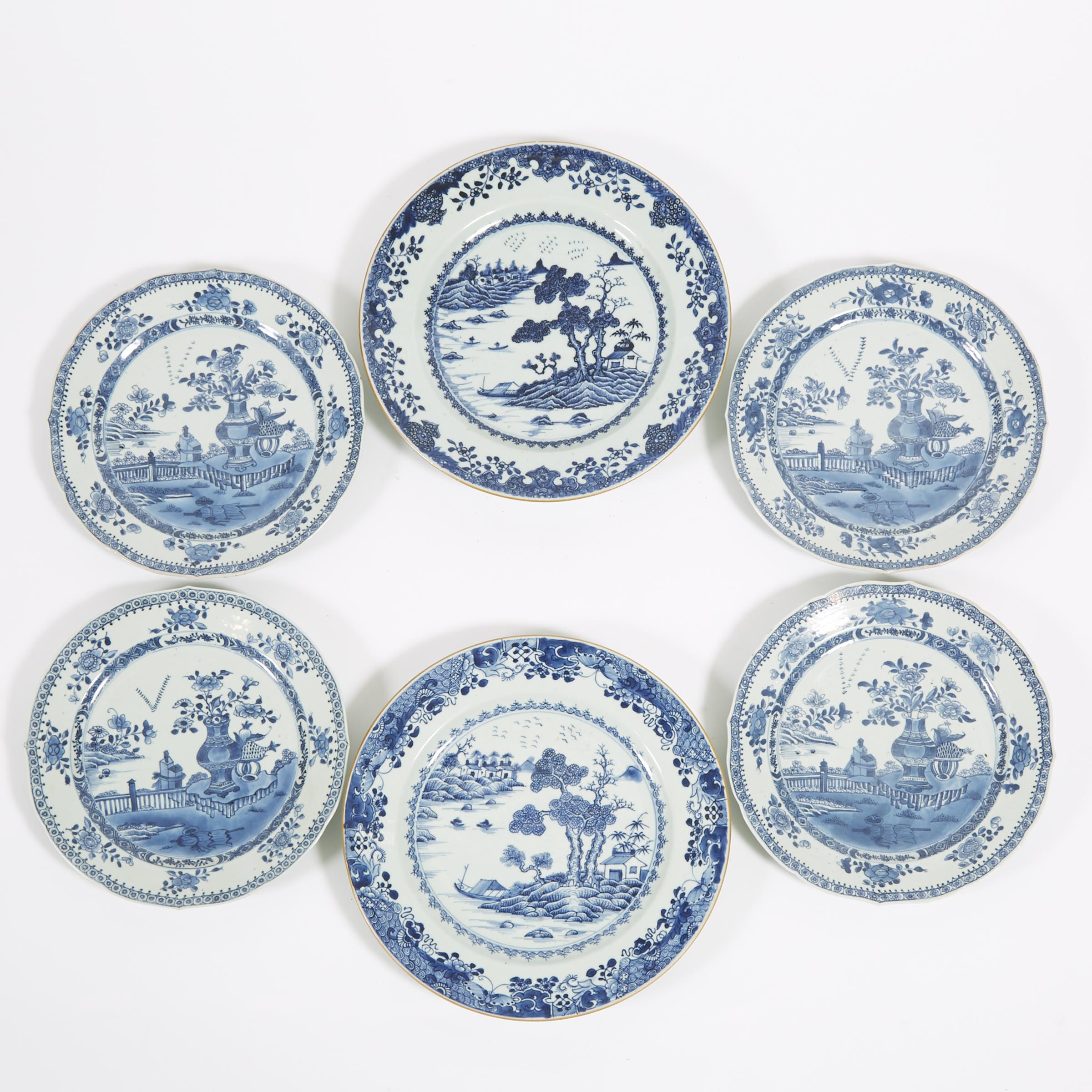 A Set of Four 'Flying Geese' Lobed Plates, Together With a Pair of 'Landscape' Plates, 18th Century