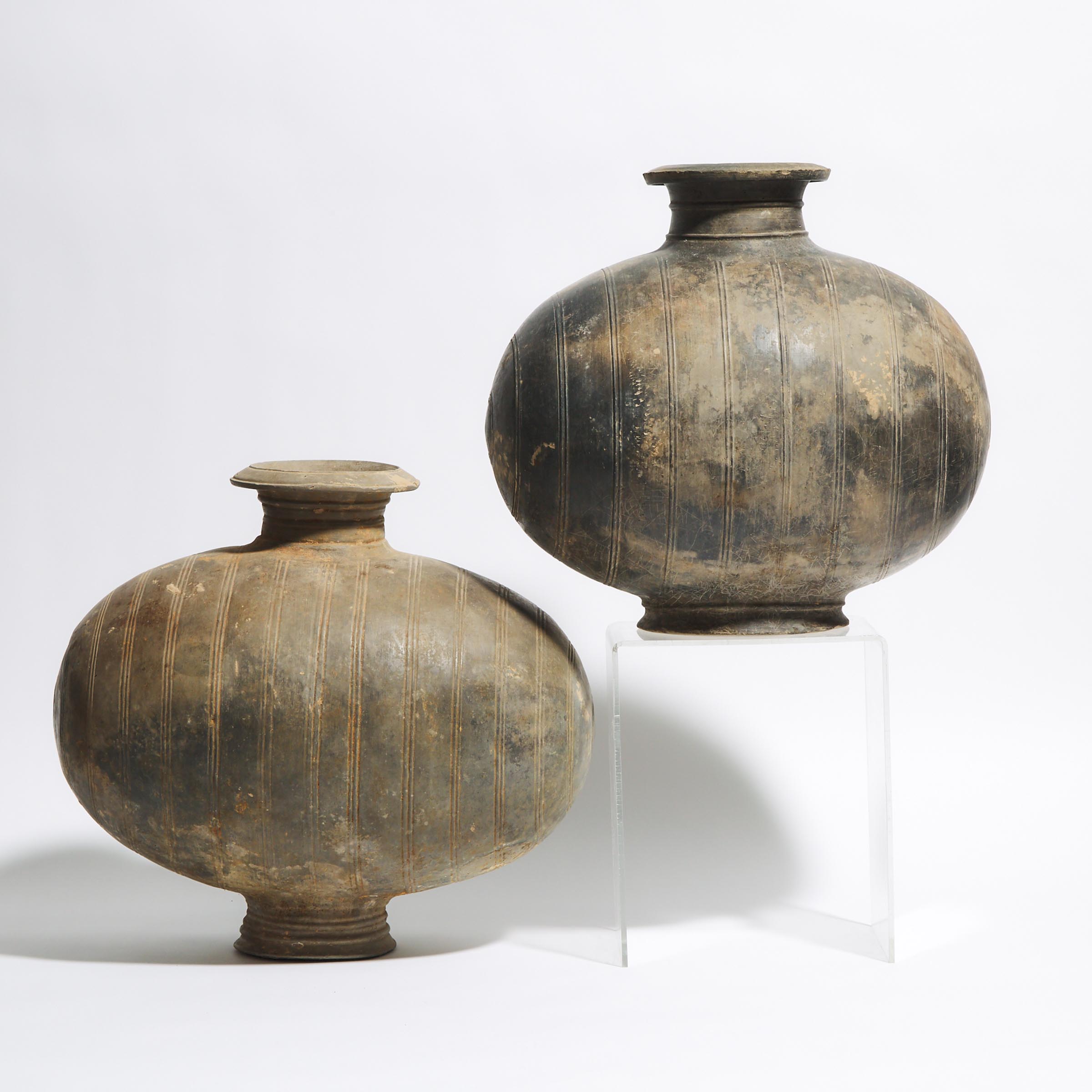 Two Dark Grey Pottery 'Cocoon' Jars, Han Dynasty (206 BC - AD 220)