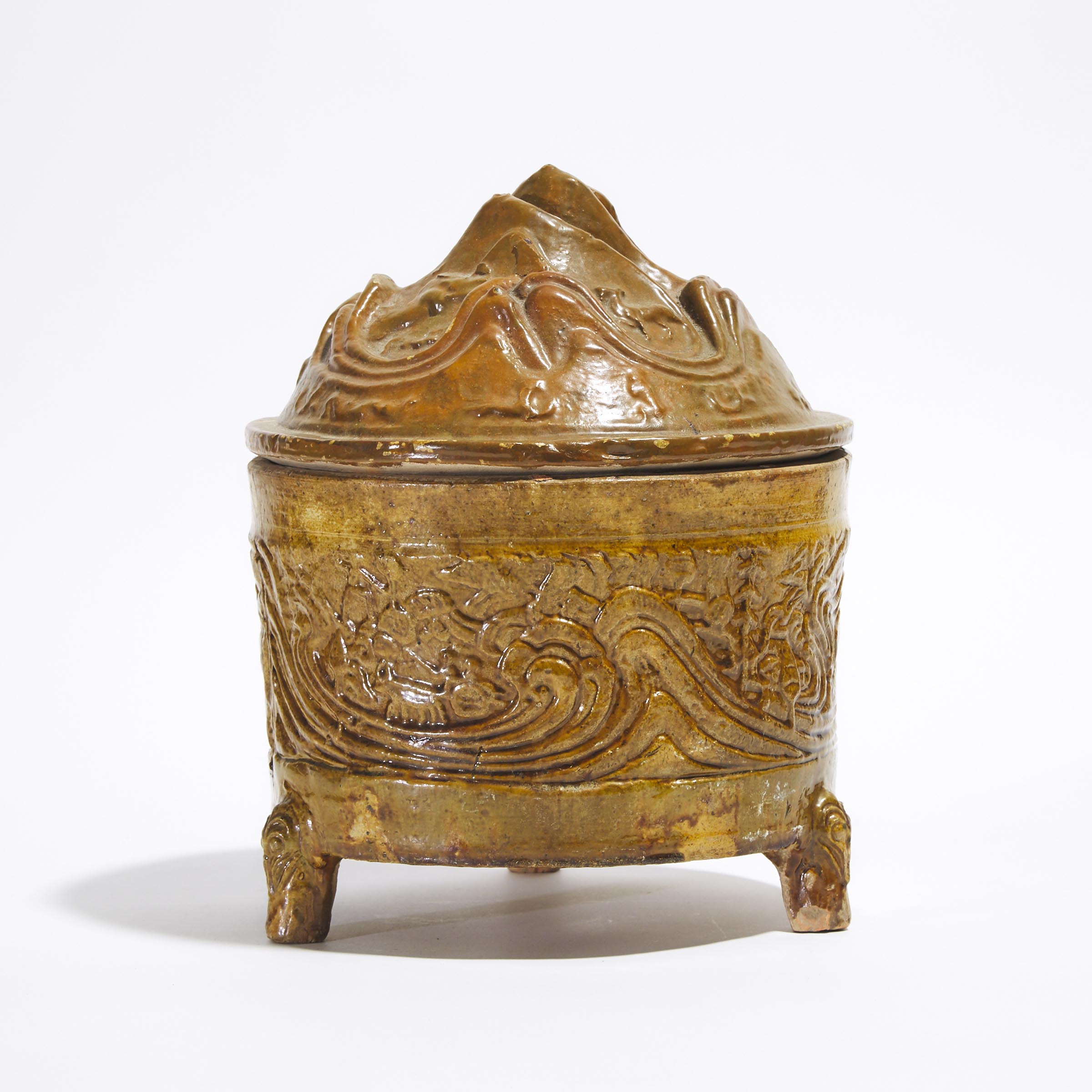 An Amber-Glazed Pottery Cylindrical 'Hill' Censer and Cover, Han Dynasty (206 BC - AD 220)