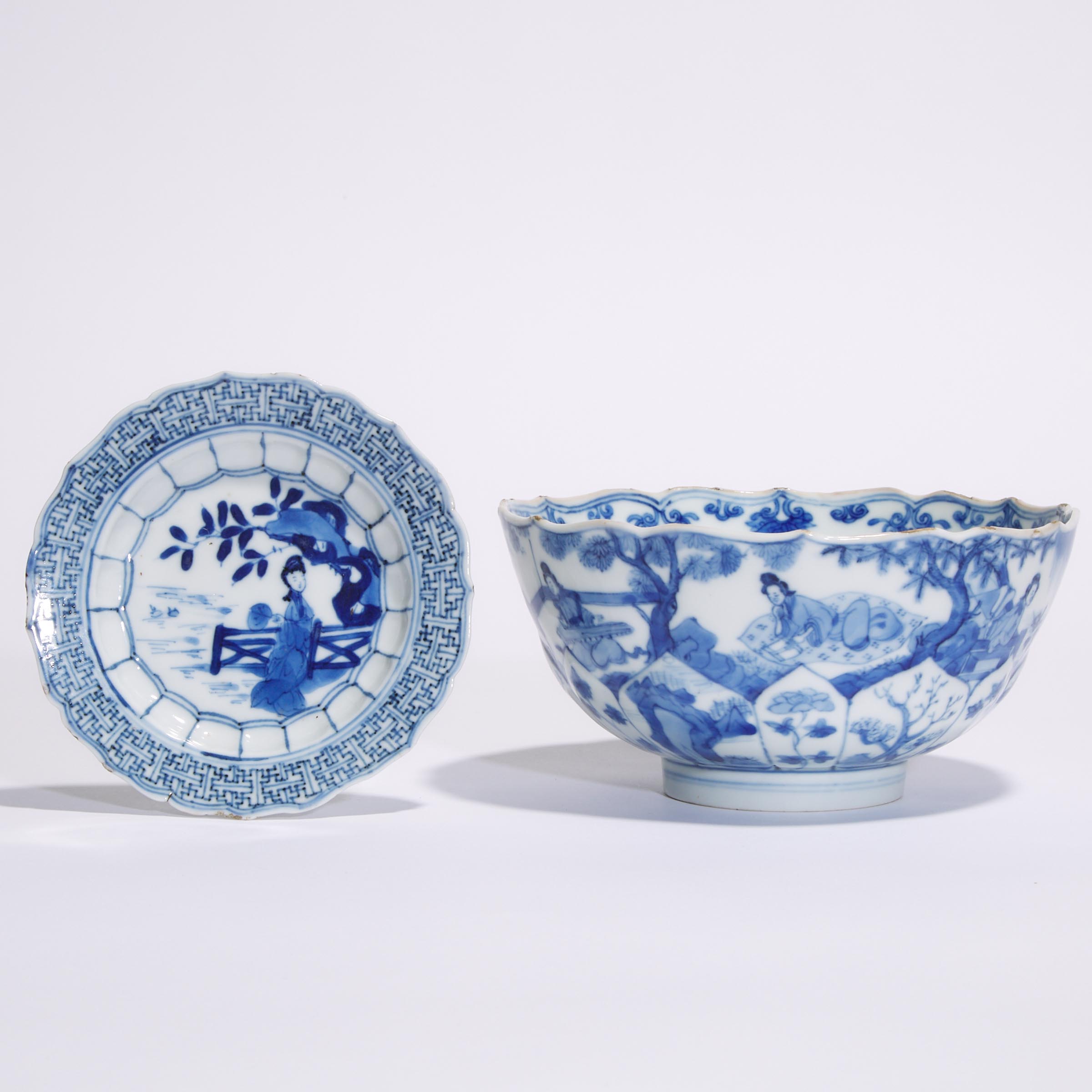 A Blue and White Barbed-Rim 'Lotus' Bowl, Kangxi Mark and Period (1662-1722), Together With a Saucer