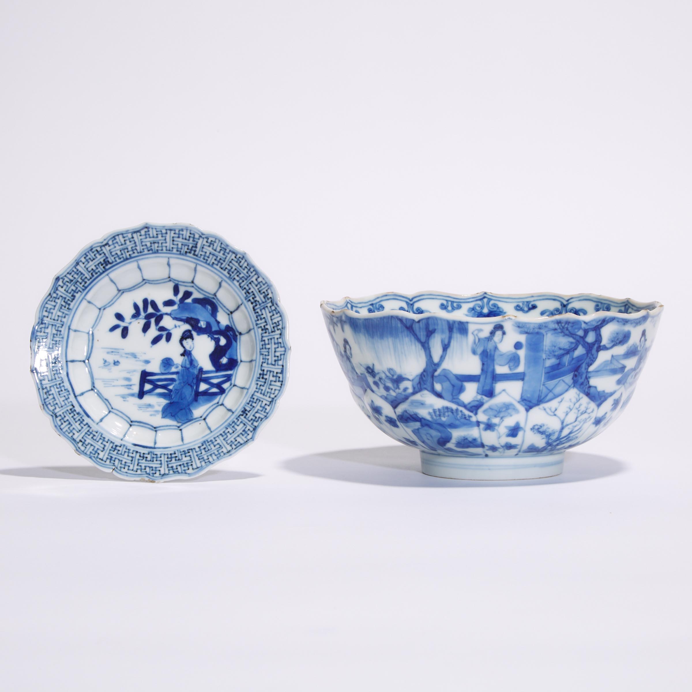 A Blue and White Barbed-Rim 'Lotus' Bowl, Kangxi Mark and Period (1662-1722), Together With a Saucer