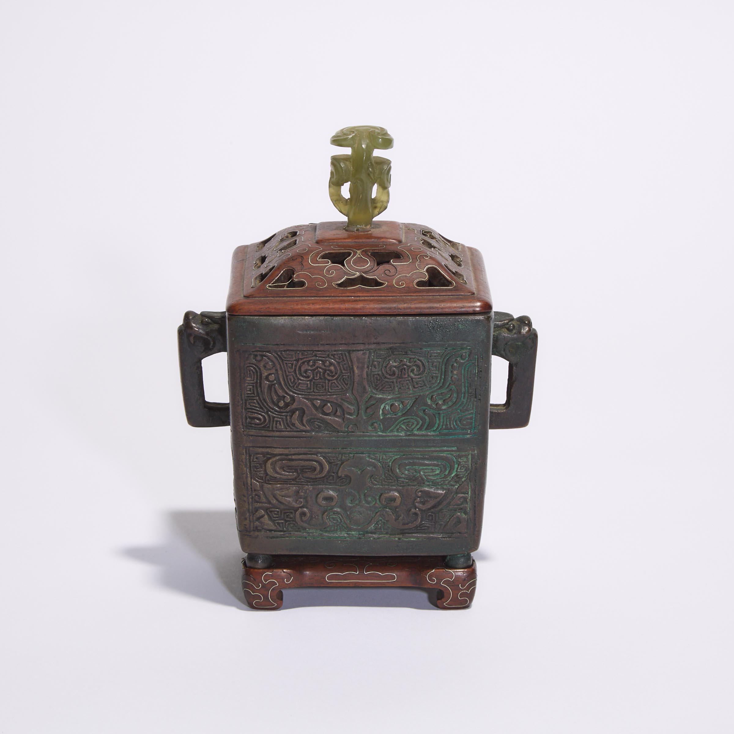 A Bronze Archaistic Square-Section Censer, Cover and Stand, 18th Century