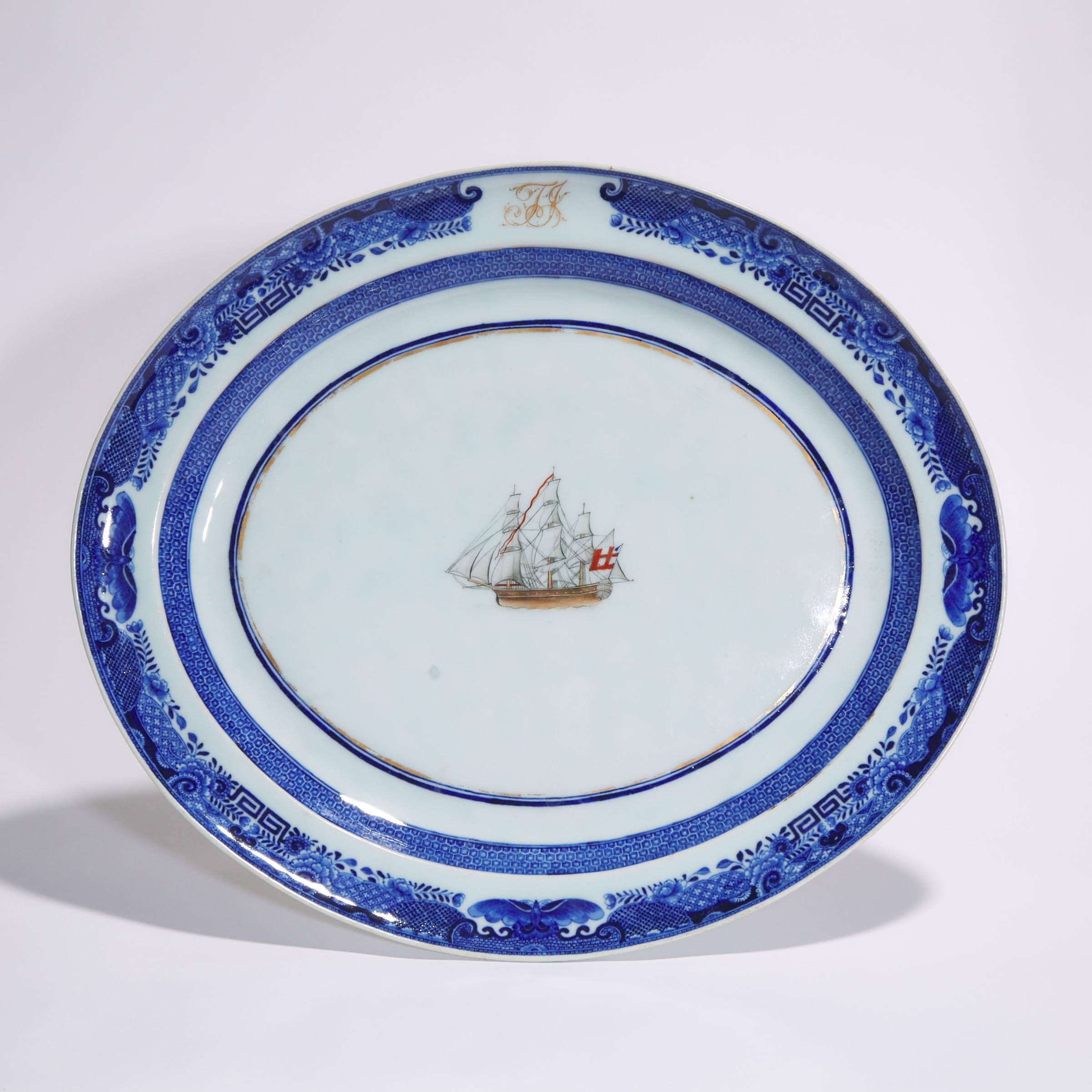 A Large Chinese Export Blue and White Oval Platter with the Initials 'T.J.' and Sailing Scene, Circa 1800