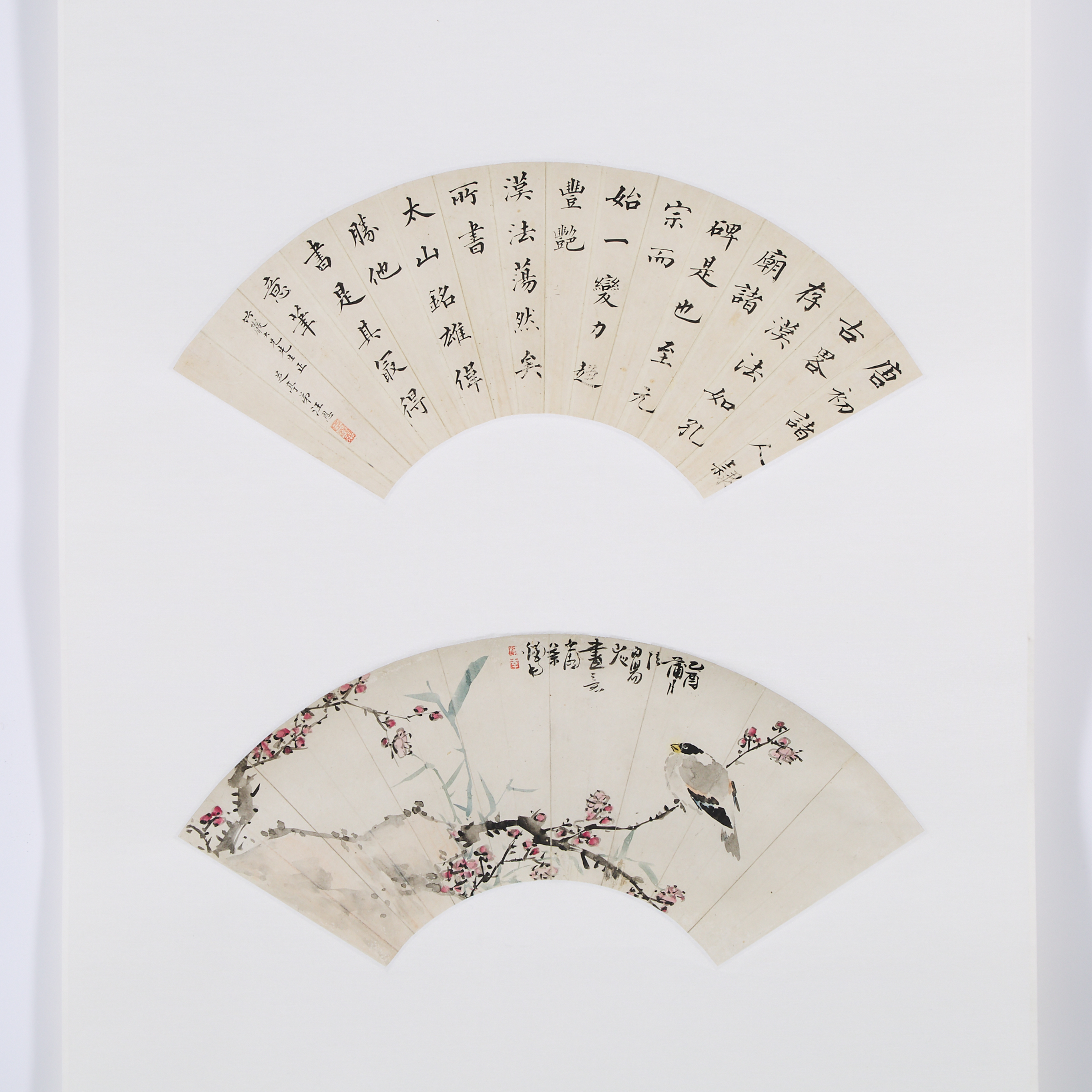 Two Fan Paintings of Birds and Flowers and Calligraphy, Republican Period