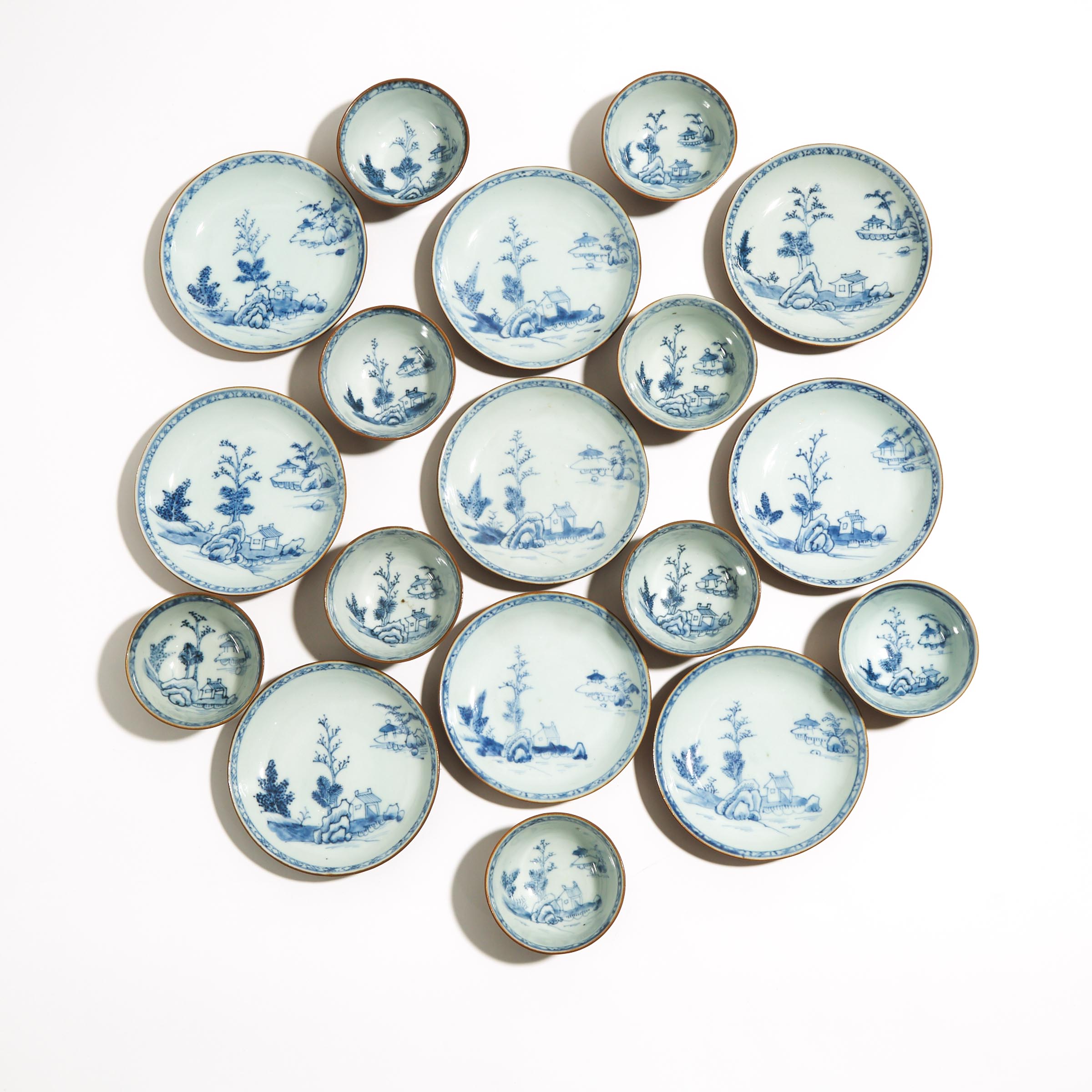 A Set of Eighteen 'Batavian Pavilion' Pattern Teabowls and Saucers from the Nanking Cargo, Qianlong Period, Circa 1750