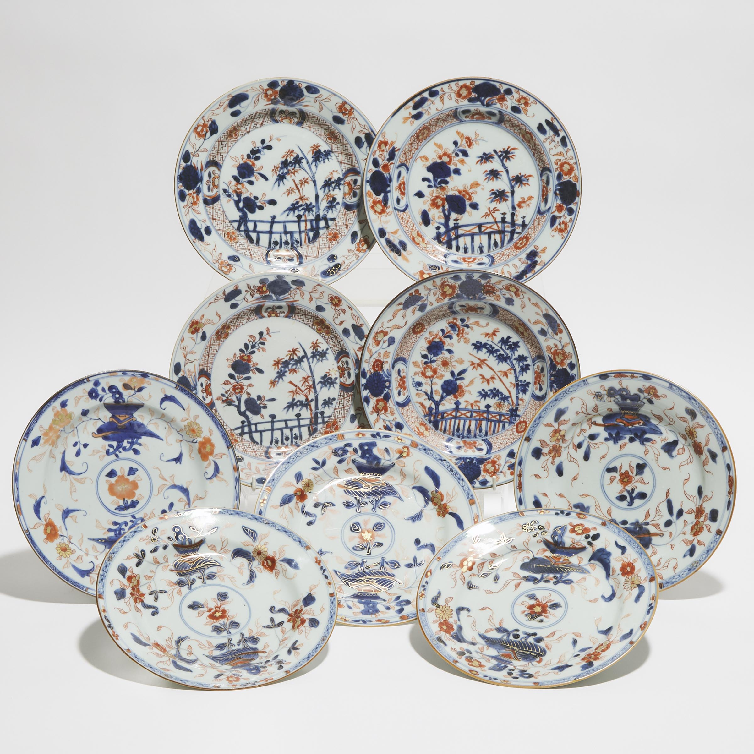 A Set of Five Chinese Imari Dishes, together with a Set of Four Dishes, Kangxi Period (1662-1722)