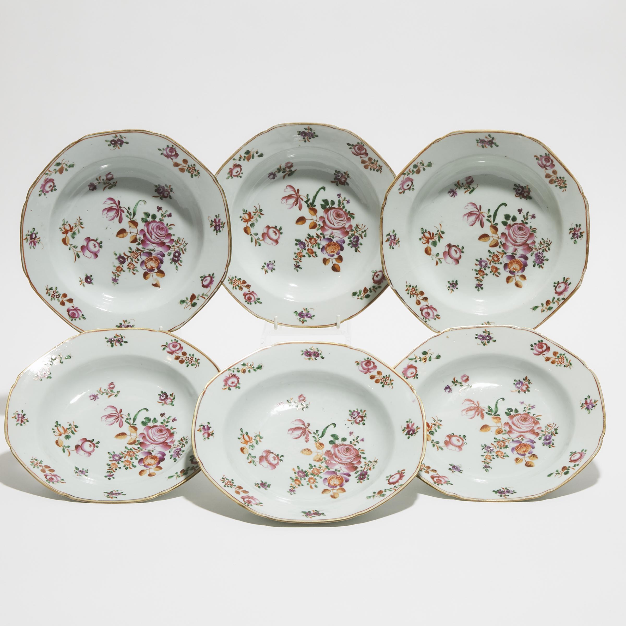 A Set of Six Famille Rose Octagonal 'Floral' Soup Plates, Qianlong Period, 18th Century
