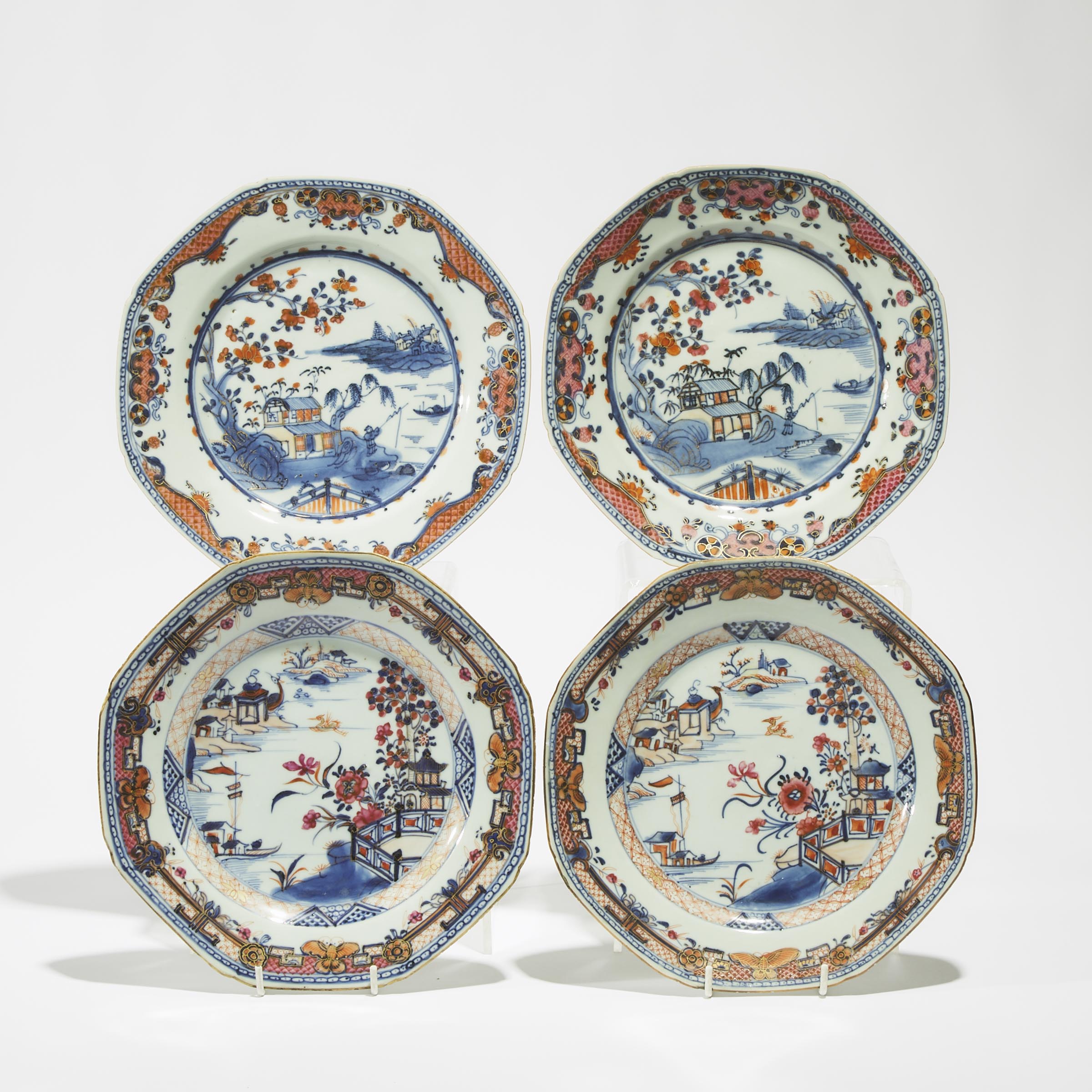Two Pairs of Chinese Imari Octagonal 'Landscape' Dishes, 18th Century