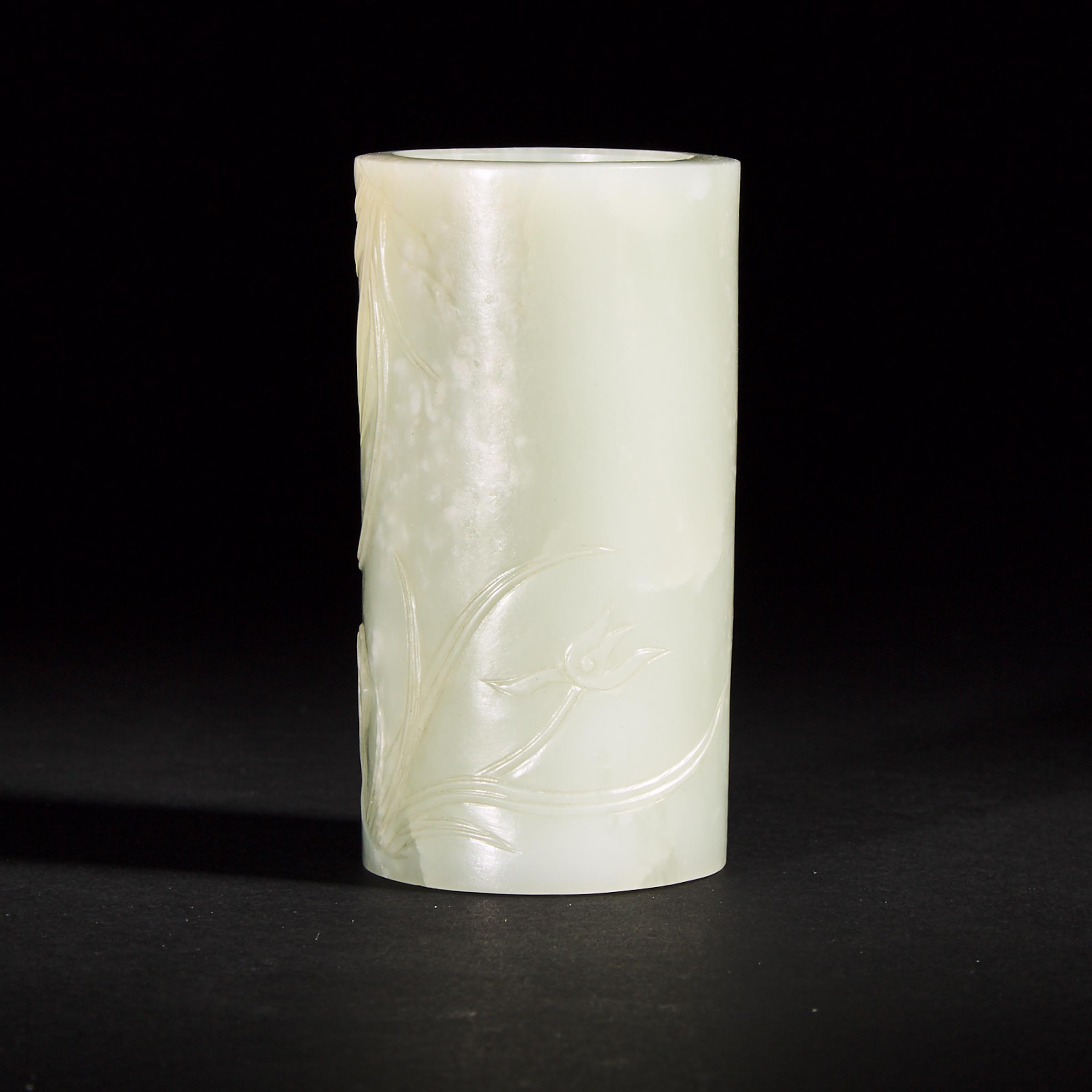 A Finely Carved White Jade Brush Pot, Qing Dynasty, 19th Century