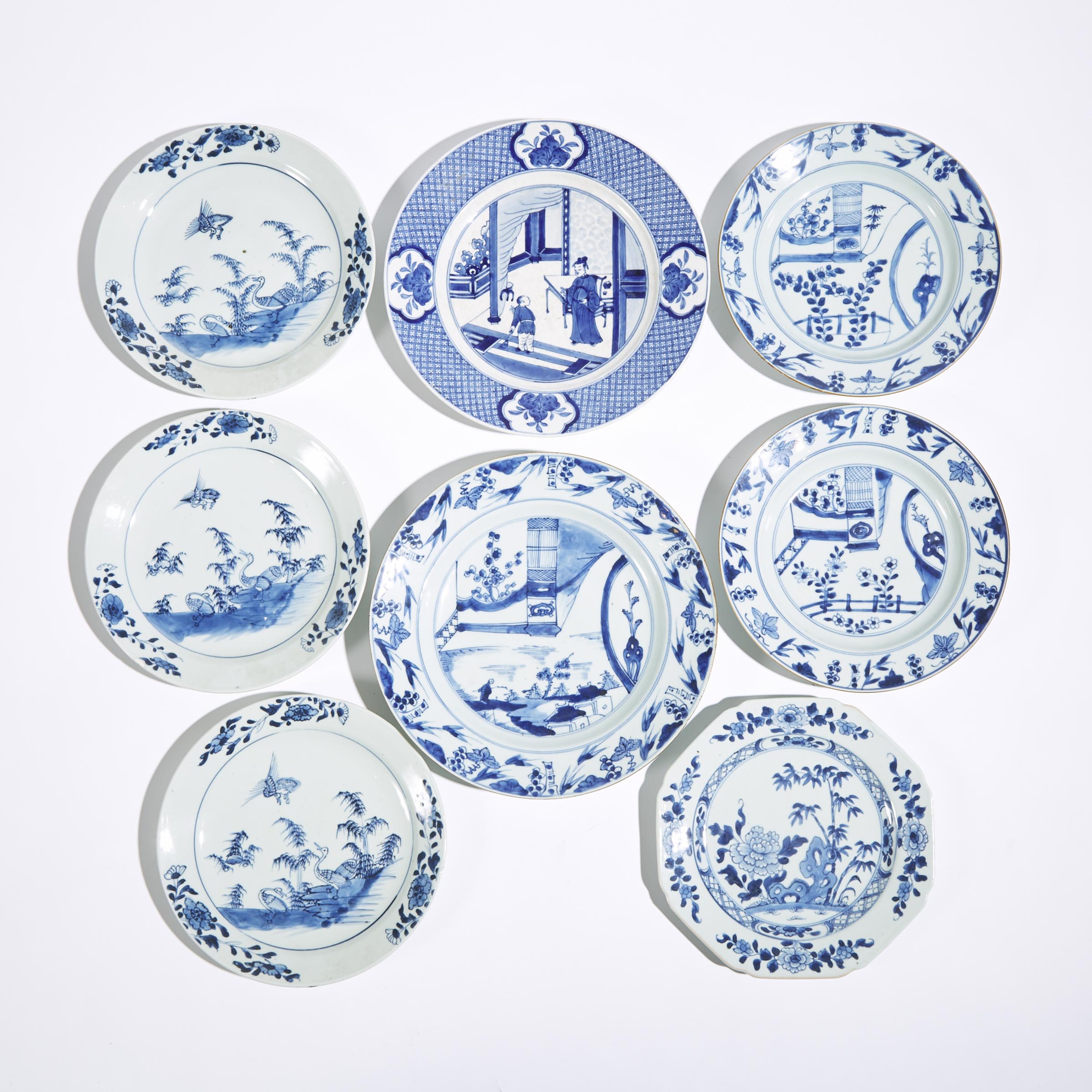 A Group of Eight Export Blue and White Dishes, 18th/19th Century