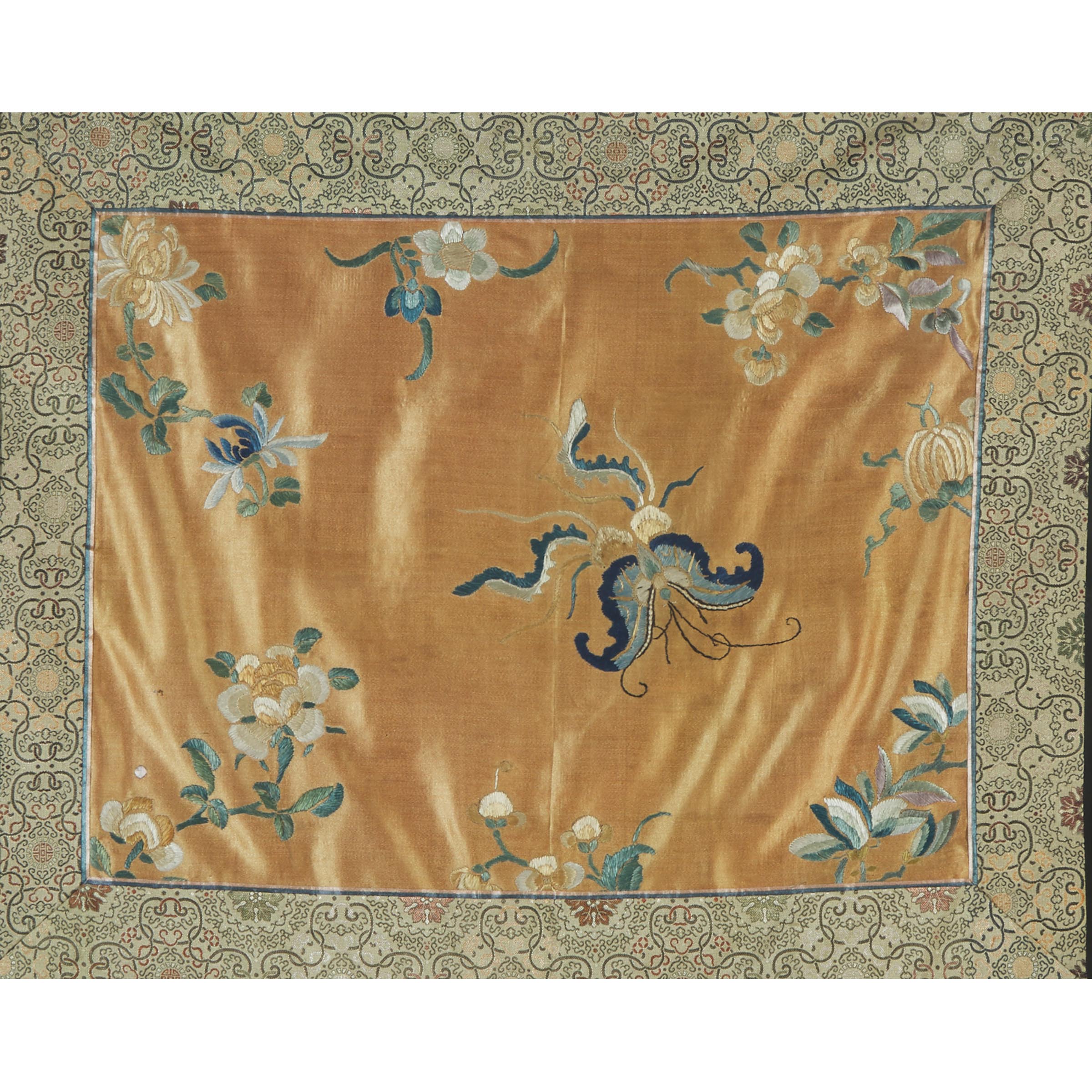 An Embroidered Silk Panel of a Butterfly and Flowers, Late Qing Dynasty