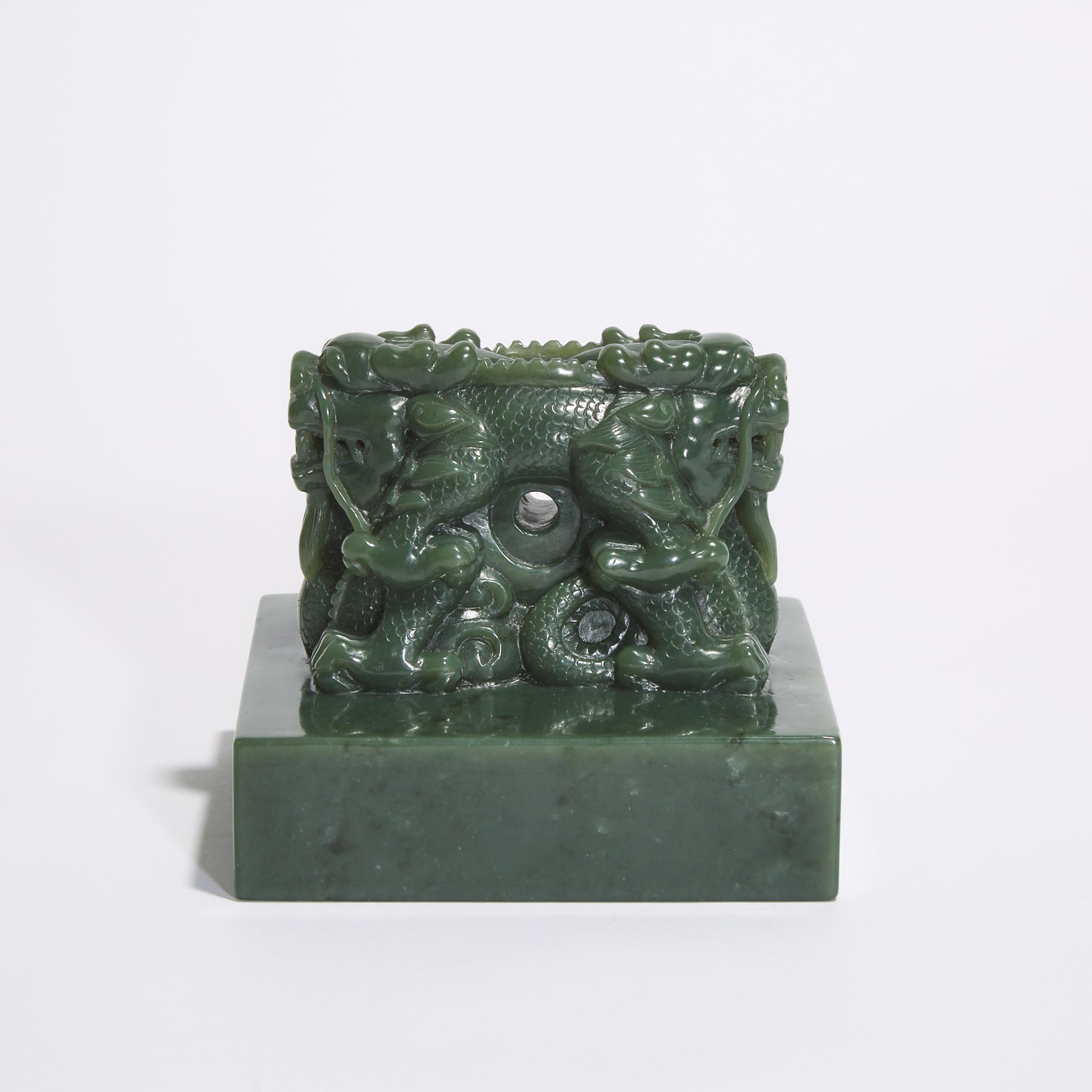 A Large Khotan Green Jade 'Dragon' Seal, Qing Dynasty, 19th/20th Century