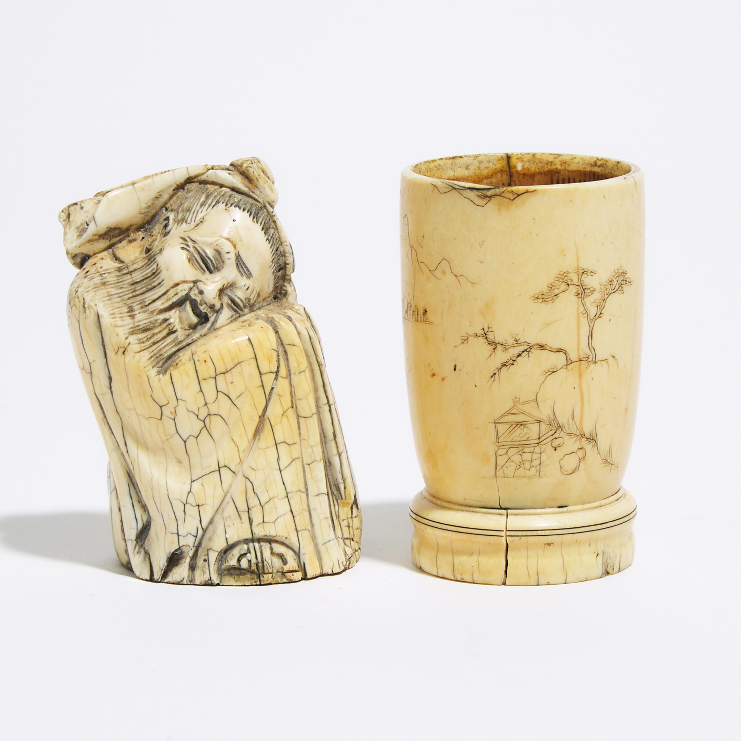 An Ivory Cup with Landscape and Calligraphy, Together With a Figure of Li Bai, 18th/19th Century