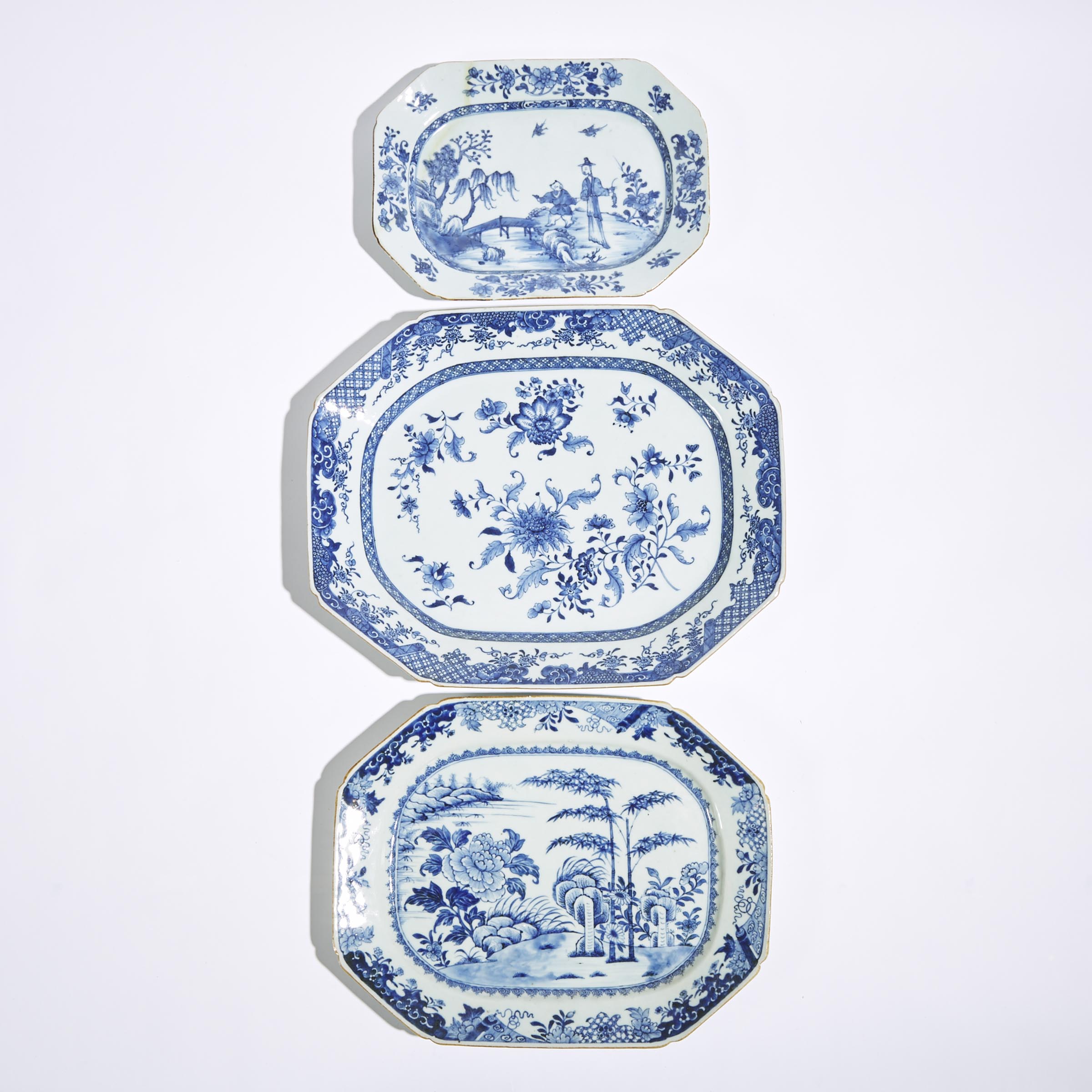 A Group of Three Export Blue and White Platters, 18th Century