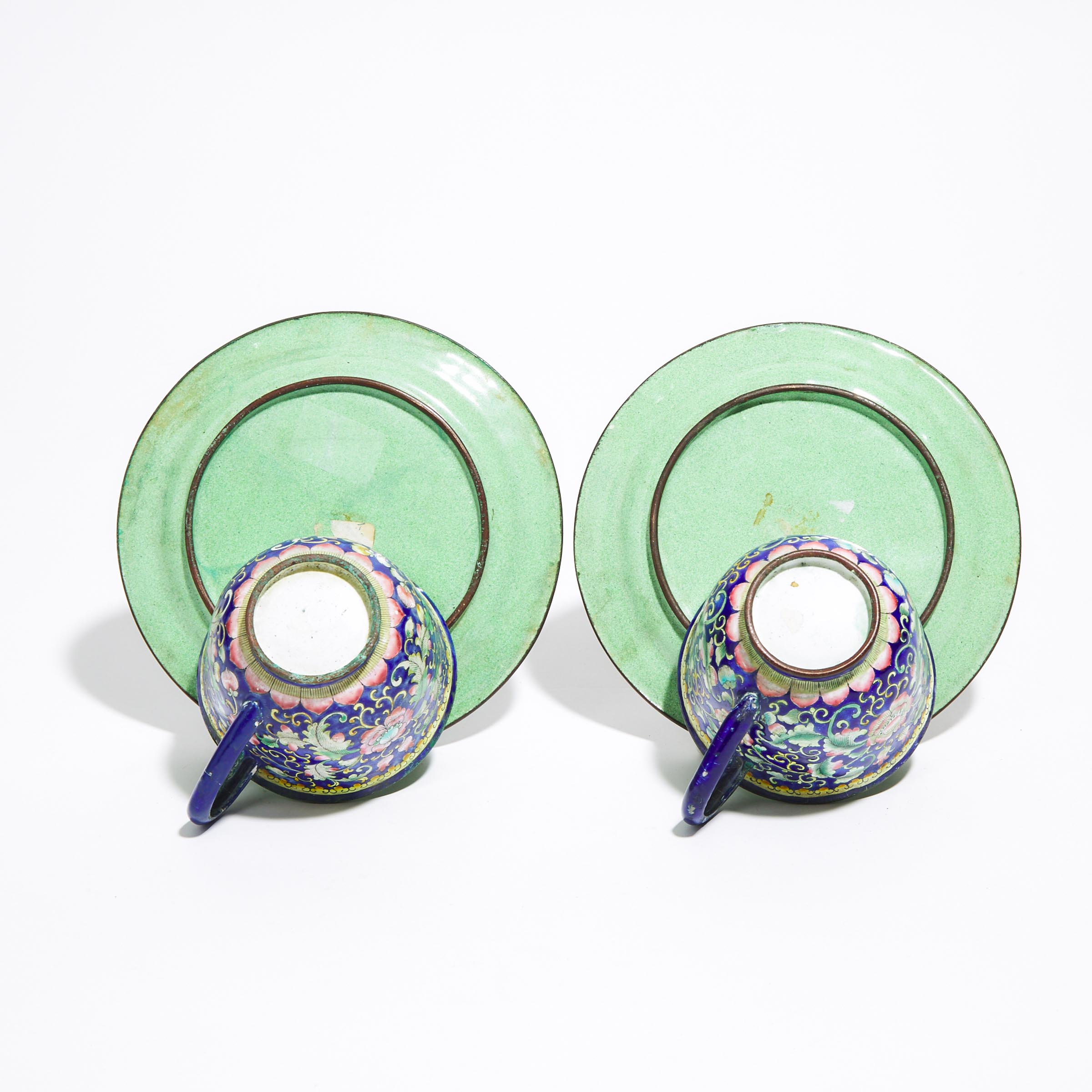 A Pair of Canton Enamel Cups and Saucers, 19th Century